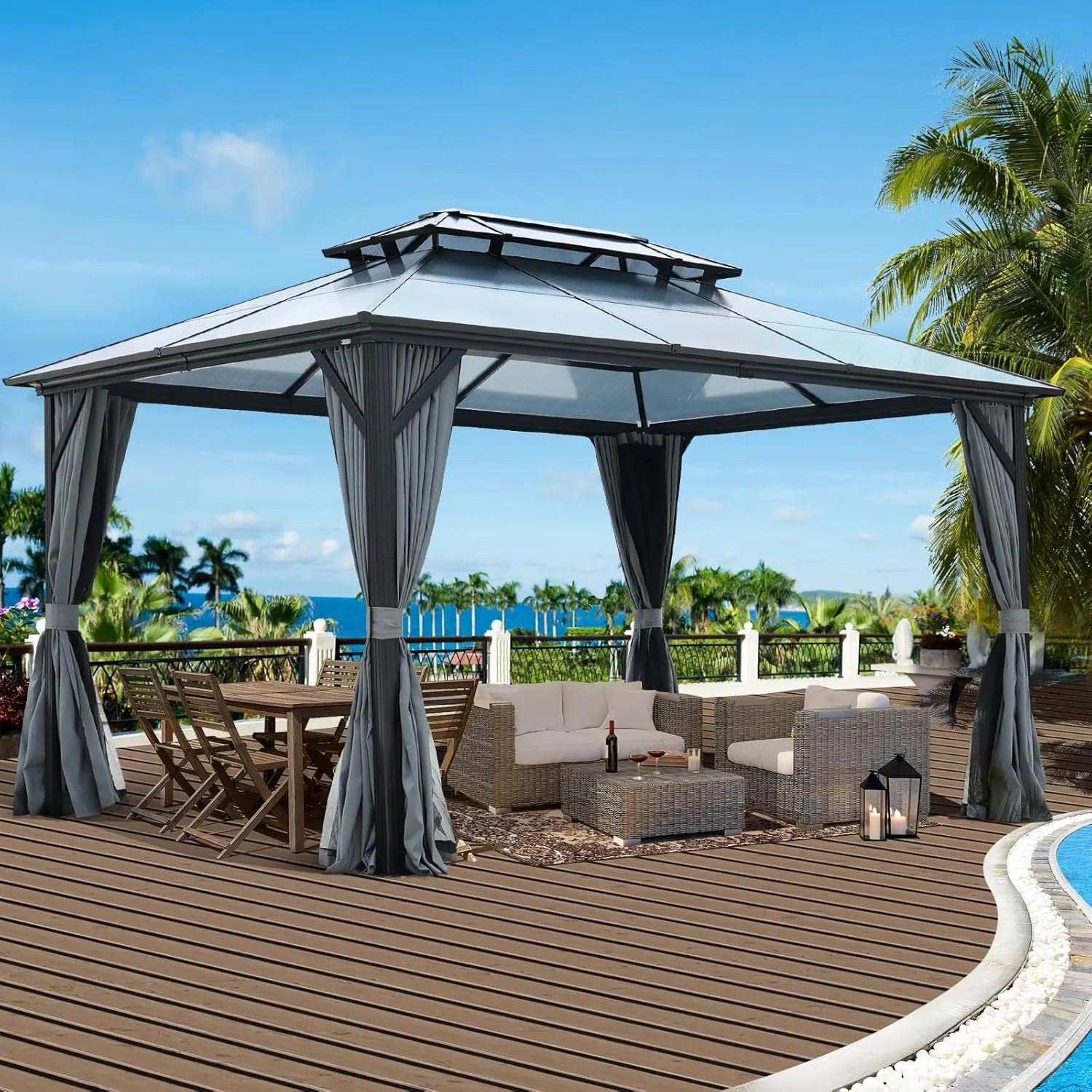10’ X 13’ Hardtop Gazebo with Curtains and Netting, Double Roof Outdoor Gazebo with Polycarbonate Canopy, Aluminum Frame Permanent Gazebo for Patio Garden