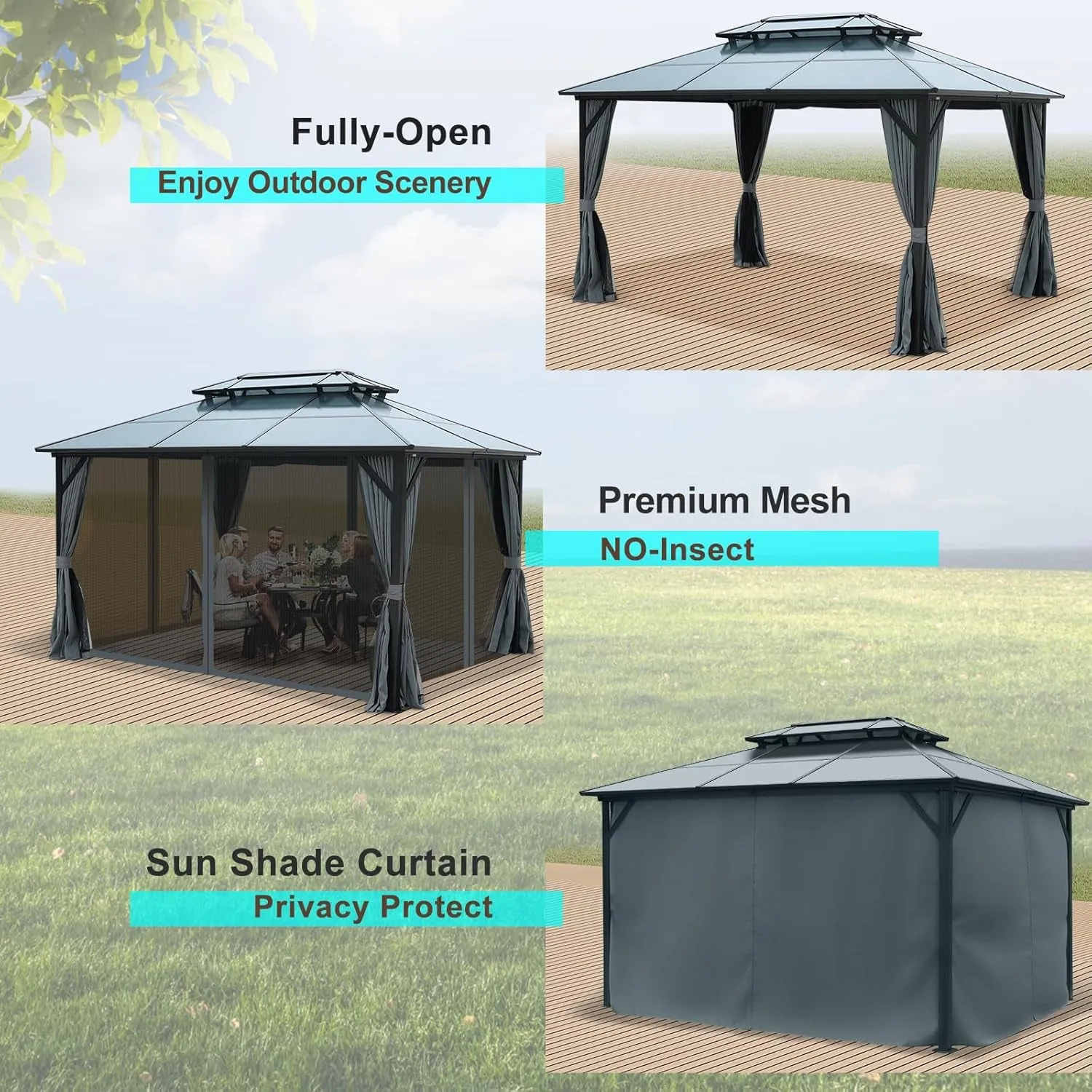 10’ X 13’ Hardtop Gazebo with Curtains and Netting, Double Roof Outdoor Gazebo with Polycarbonate Canopy, Aluminum Frame Permanent Gazebo for Patio Garden