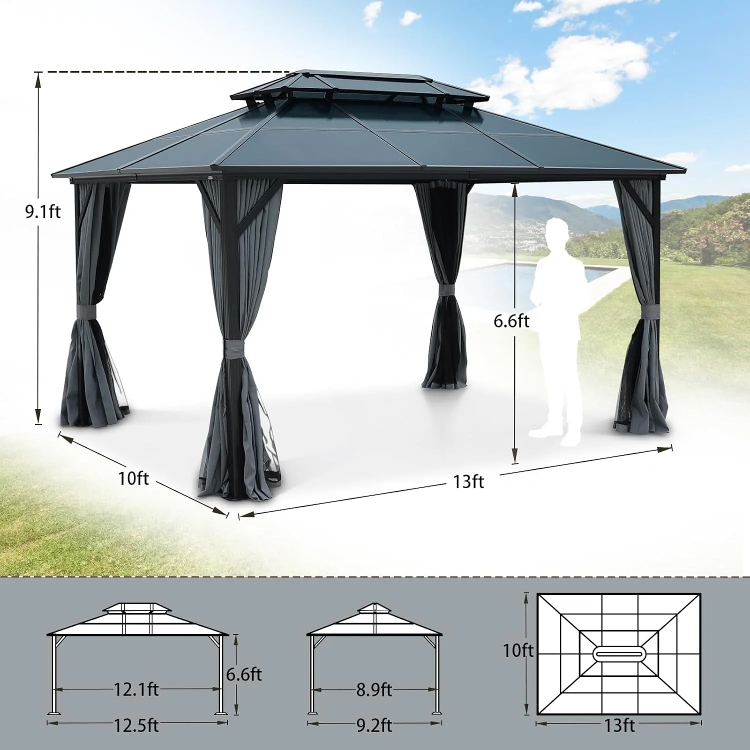 10’ X 13’ Hardtop Gazebo with Curtains and Netting, Double Roof Outdoor Gazebo with Polycarbonate Canopy, Aluminum Frame Permanent Gazebo for Patio Garden