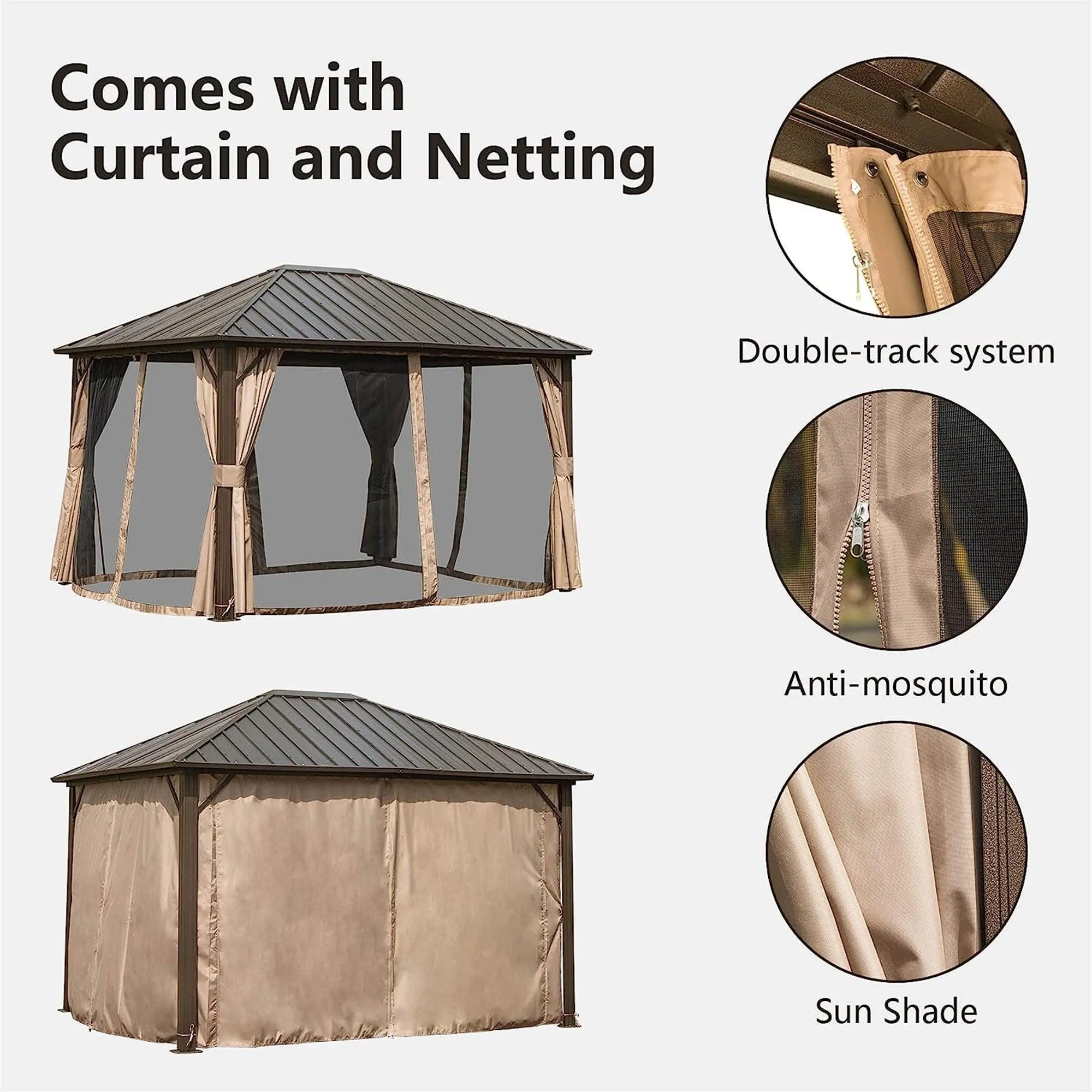 10'x12' Permanent Outdoor Galvanized Steel Roof Gazebo with Aluminum Frame, Pavilion Metal Gazebos,Dark Brown