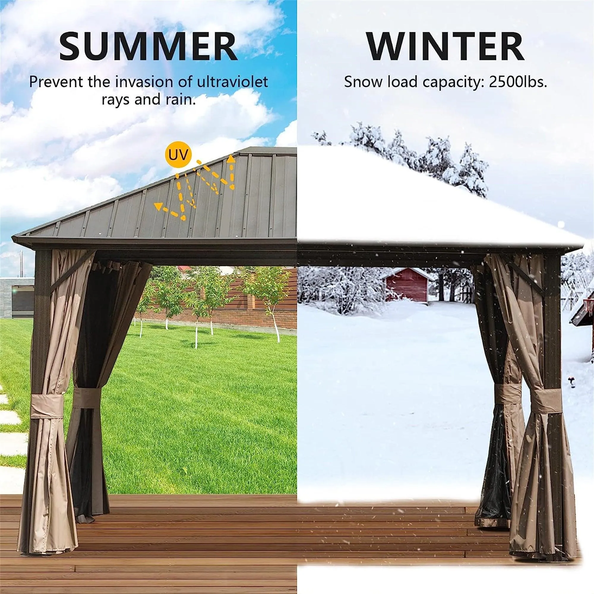 10'x12' Permanent Outdoor Galvanized Steel Roof Gazebo with Aluminum Frame, Pavilion Metal Gazebos,Dark Brown