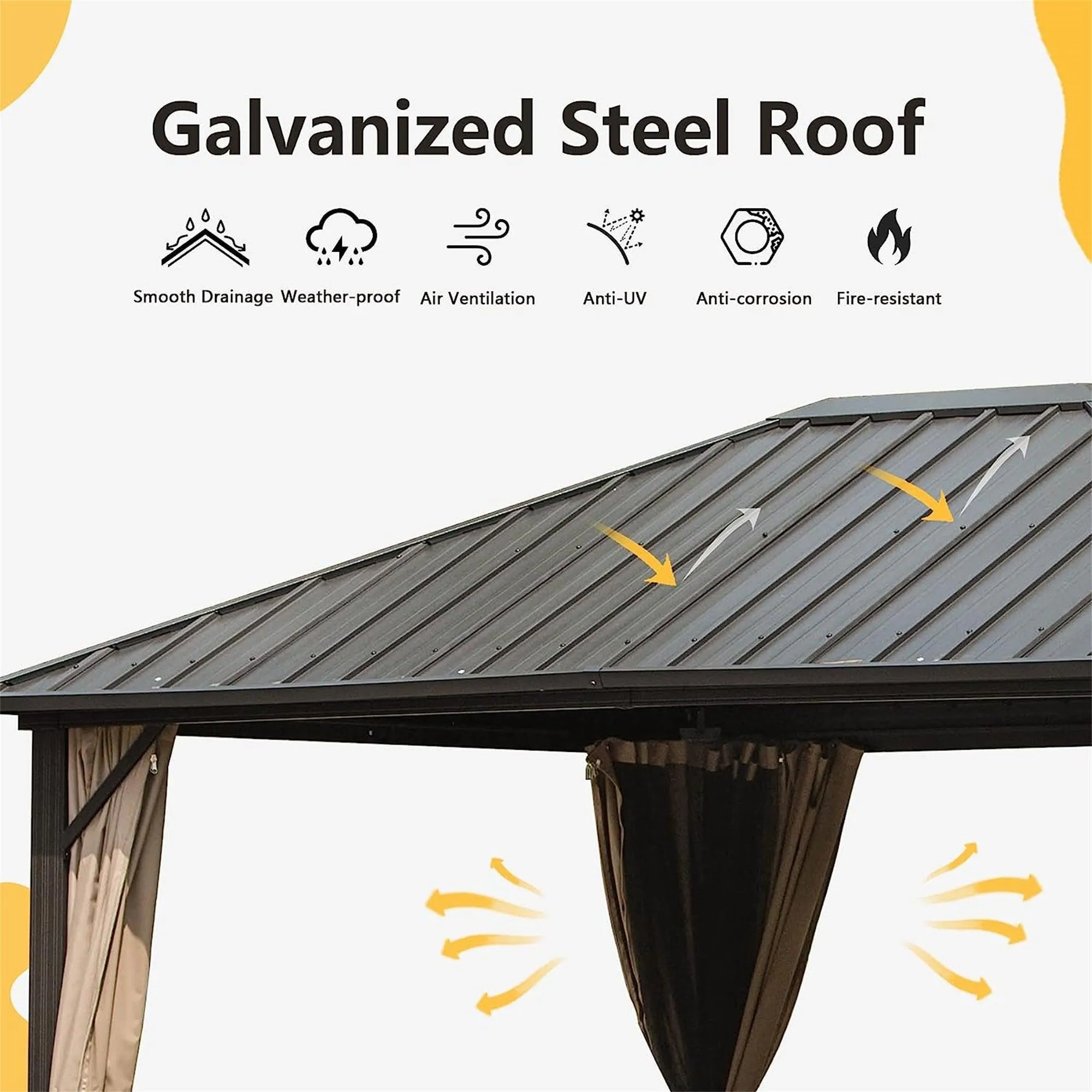 10'x12' Permanent Outdoor Galvanized Steel Roof Gazebo with Aluminum Frame, Pavilion Metal Gazebos,Dark Brown