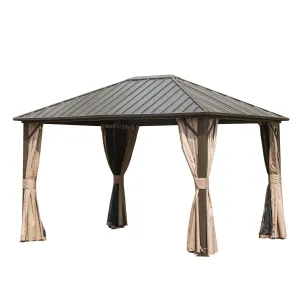 10'x12' Permanent Outdoor Galvanized Steel Roof Gazebo with Aluminum Frame, Pavilion Metal Gazebos,Dark Brown