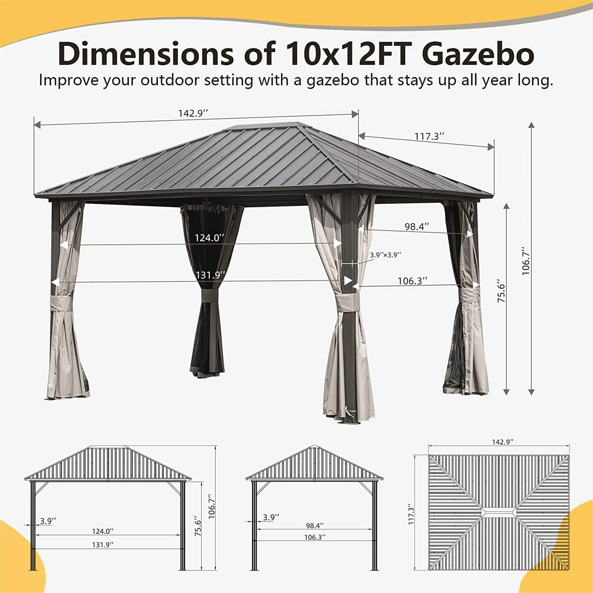 10'x12' Permanent Outdoor Galvanized Steel Roof Gazebo with Aluminum Frame, Pavilion Metal Gazebos,Dark Brown