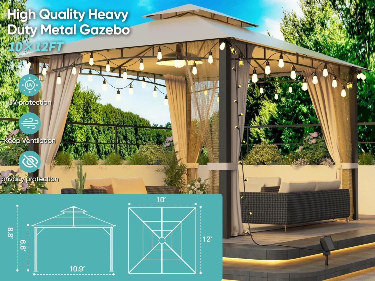 10X12Ft Softtop Gazebo with Nettings and Curtains,Heavy Duty Double Roof Canopy,Galvanized Steel Design Outdoor Canopy Shelter for Patio, Backyard, Lawn, Garden, Deck