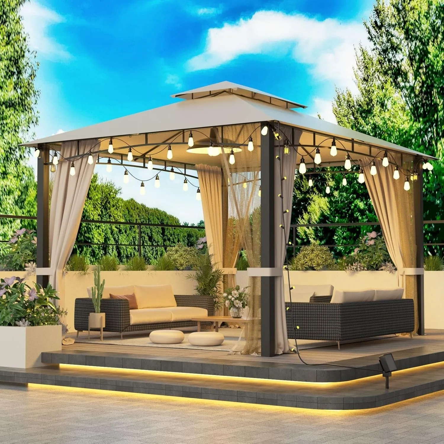 10X12Ft Softtop Gazebo with Nettings and Curtains,Heavy Duty Double Roof Canopy,Galvanized Steel Design Outdoor Canopy Shelter for Patio, Backyard, Lawn, Garden, Deck