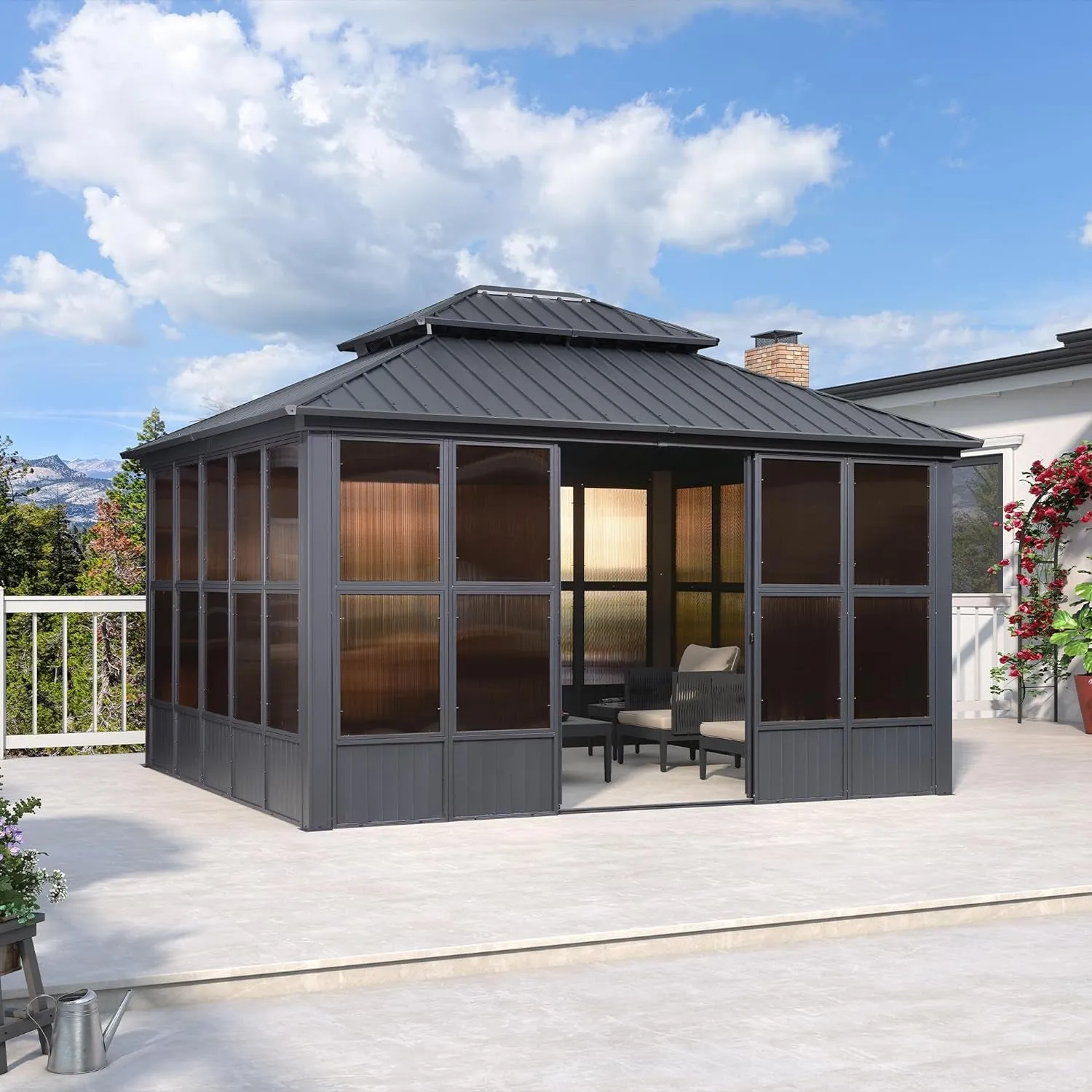12' X 14' Sunroom Hardtop Gazebo Solarium Galvanized Steel Double Roof All-Weather Aluminum Outdoor Screen House for Patio Deck Backyard Grey