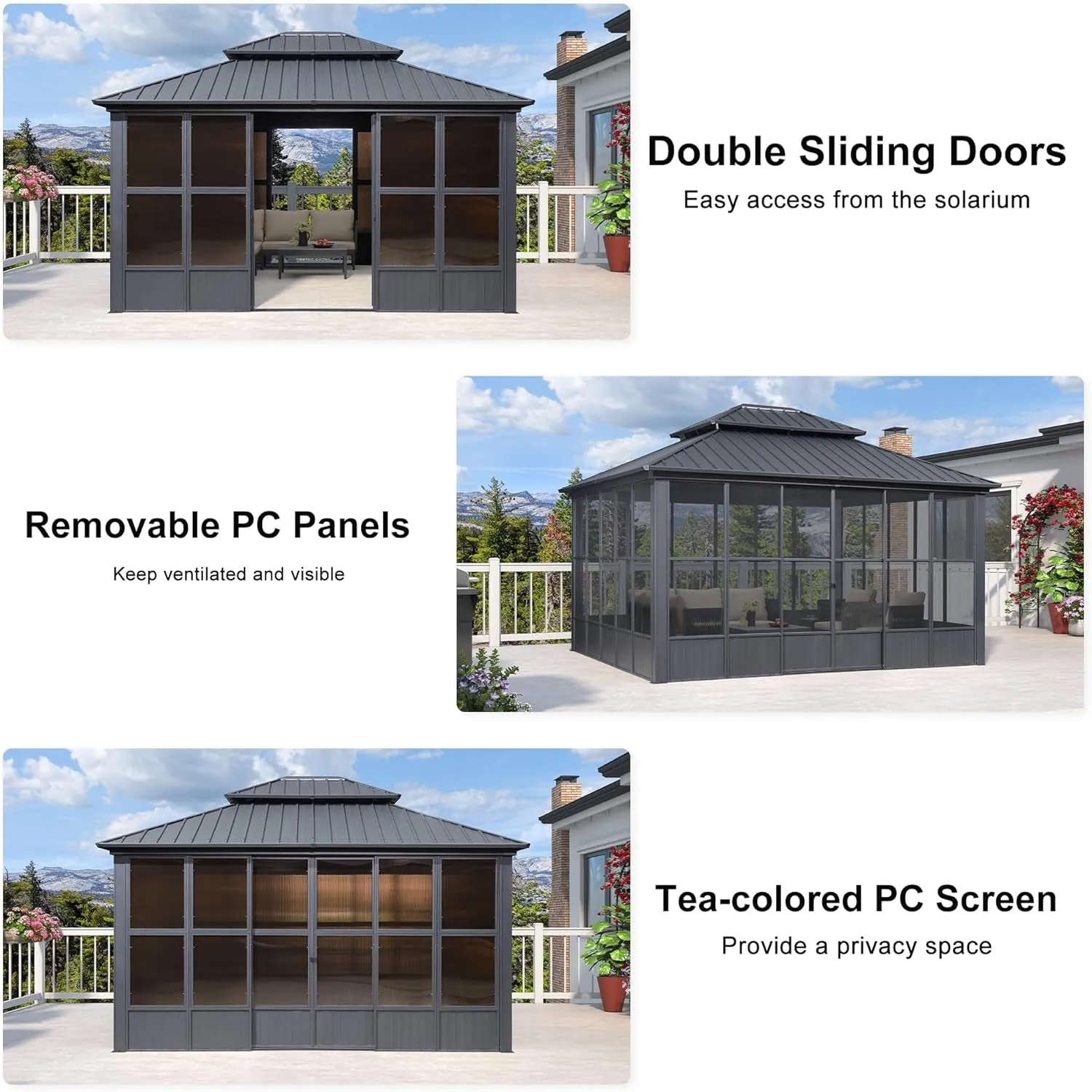 12' X 14' Sunroom Hardtop Gazebo Solarium Galvanized Steel Double Roof All-Weather Aluminum Outdoor Screen House for Patio Deck Backyard Grey
