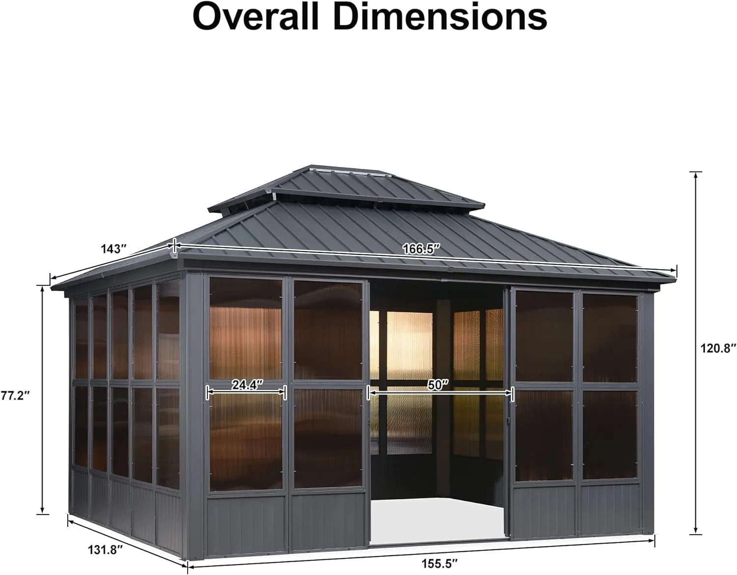 12' X 14' Sunroom Hardtop Gazebo Solarium Galvanized Steel Double Roof All-Weather Aluminum Outdoor Screen House for Patio Deck Backyard Grey