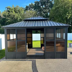 12' X 14' Sunroom Hardtop Gazebo Solarium Galvanized Steel Double Roof All-Weather Aluminum Outdoor Screen House for Patio Deck Backyard Grey