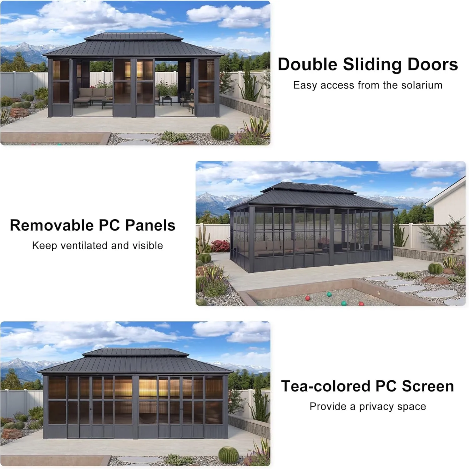 12' X 20' Sunroom Permanent Hardtop Gazebo Solarium Galvanized Steel Double Roof Aluminum Outdoor Screen House for Patio Deck Backyard Grey