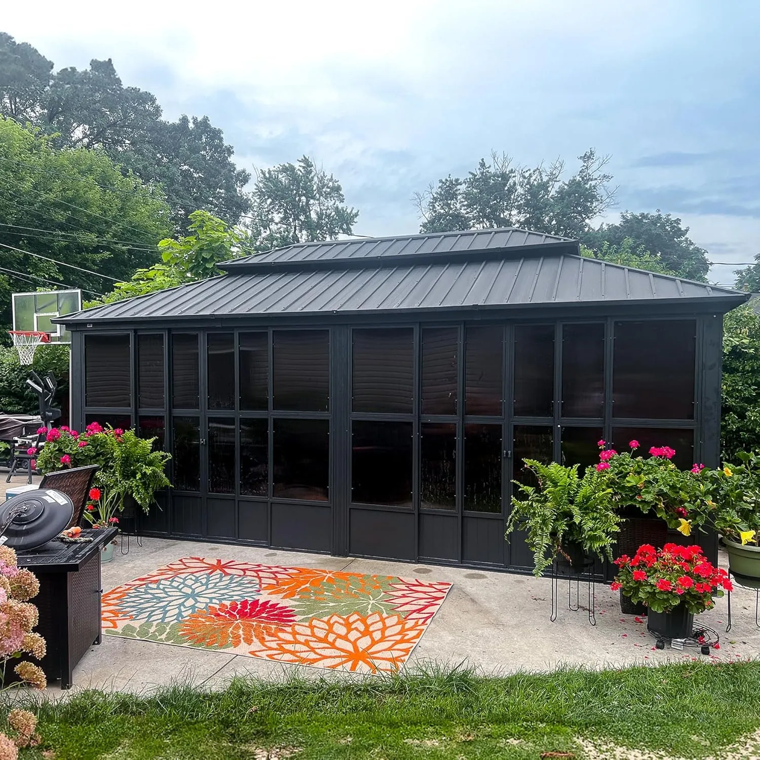12' X 20' Sunroom Permanent Hardtop Gazebo Solarium Galvanized Steel Double Roof Aluminum Outdoor Screen House for Patio Deck Backyard Grey
