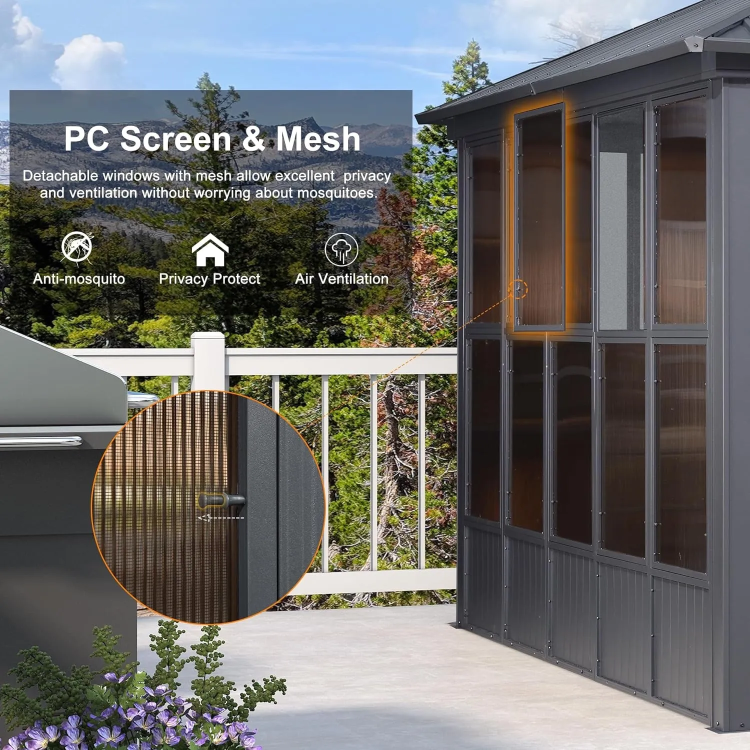 12' X 20' Sunroom Permanent Hardtop Gazebo Solarium Galvanized Steel Double Roof Aluminum Outdoor Screen House for Patio Deck Backyard Grey
