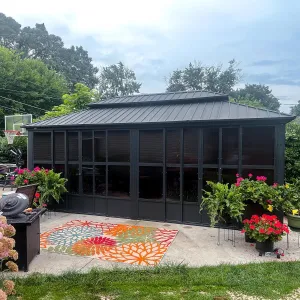 12' X 20' Sunroom Permanent Hardtop Gazebo Solarium Galvanized Steel Double Roof Aluminum Outdoor Screen House for Patio Deck Backyard Grey