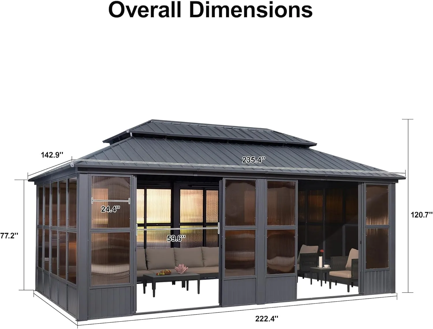 12' X 20' Sunroom Permanent Hardtop Gazebo Solarium Galvanized Steel Double Roof Aluminum Outdoor Screen House for Patio Deck Backyard Grey
