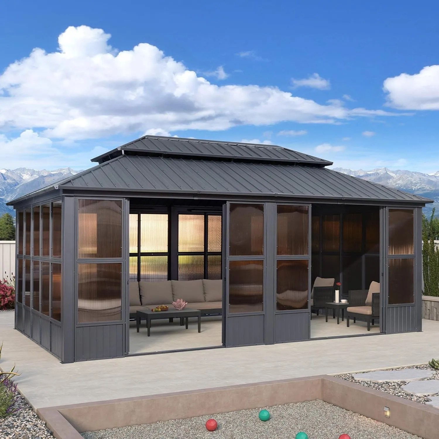 12' X 20' Sunroom Permanent Hardtop Gazebo Solarium Galvanized Steel Double Roof Aluminum Outdoor Screen House for Patio Deck Backyard Grey