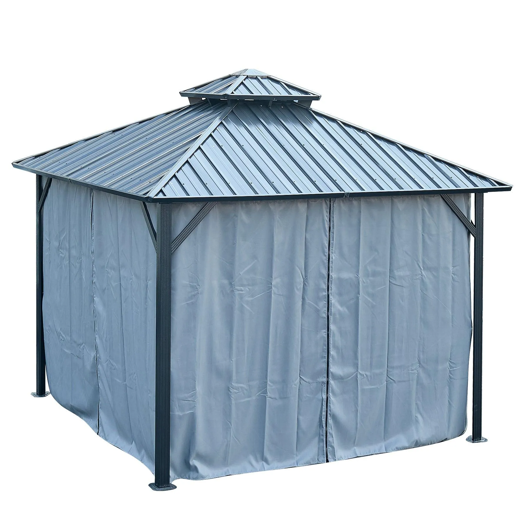 12x12ft Gazebo Double Roof Canopy with Netting and Curtains, Outdoor Gazebo 2-Tier Galvanized Iron Aluminum Frame