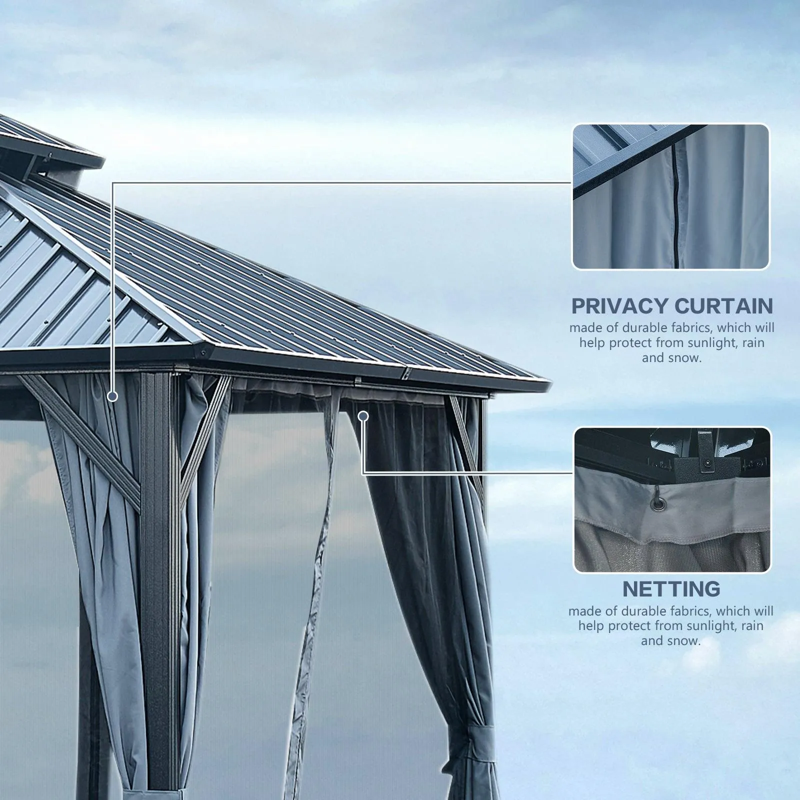 12x12ft Gazebo Double Roof Canopy with Netting and Curtains, Outdoor Gazebo 2-Tier Galvanized Iron Aluminum Frame