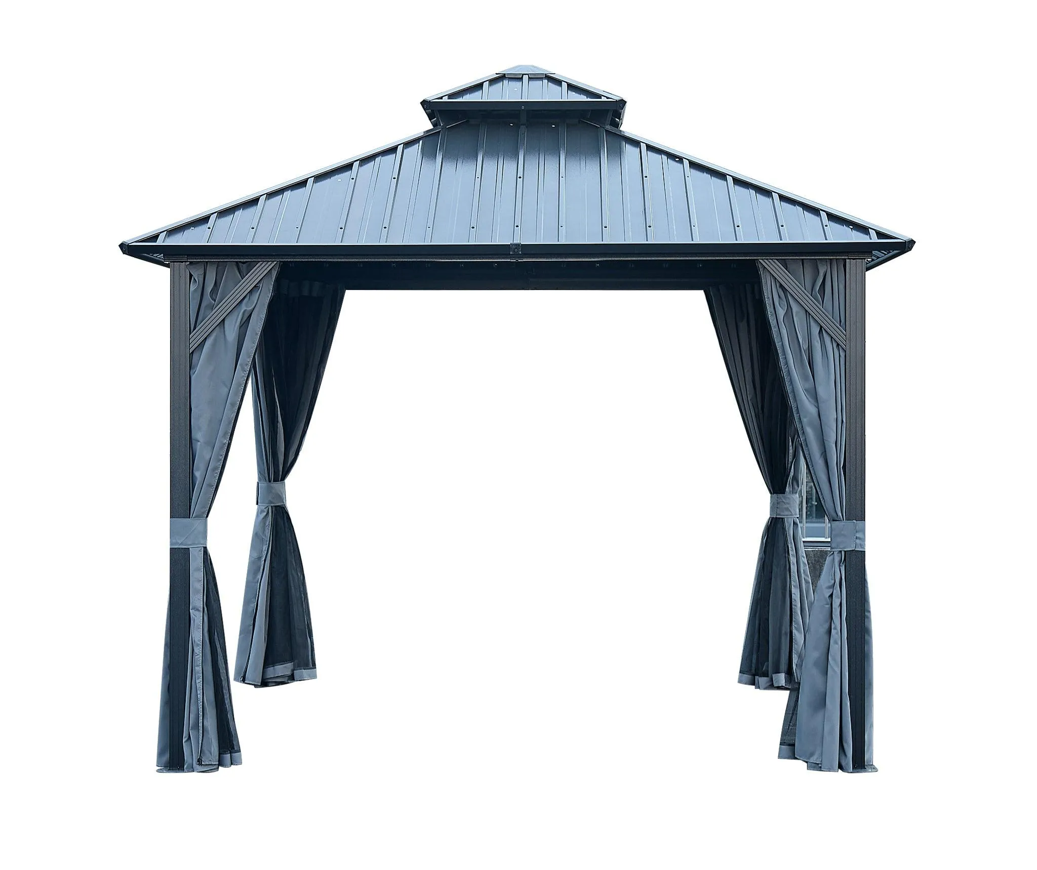 12x12ft Gazebo Double Roof Canopy with Netting and Curtains, Outdoor Gazebo 2-Tier Galvanized Iron Aluminum Frame