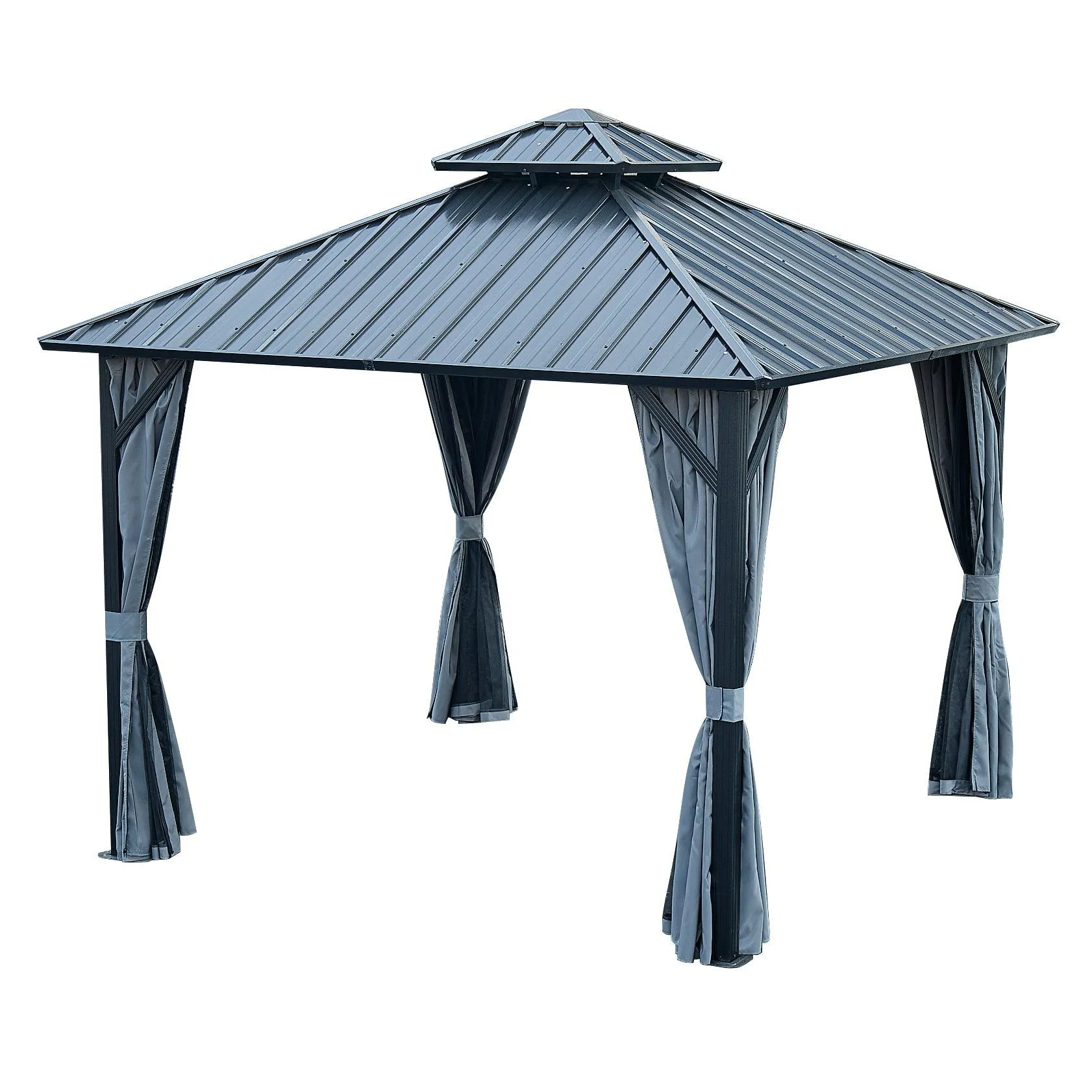 12x12ft Gazebo Double Roof Canopy with Netting and Curtains, Outdoor Gazebo 2-Tier Galvanized Iron Aluminum Frame