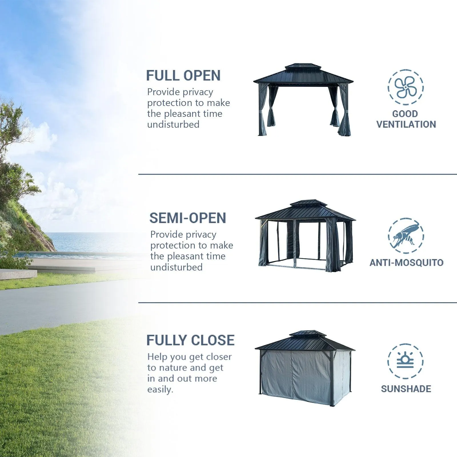 12x12ft Gazebo Double Roof Canopy with Netting and Curtains, Outdoor Gazebo 2-Tier Galvanized Iron Aluminum Frame