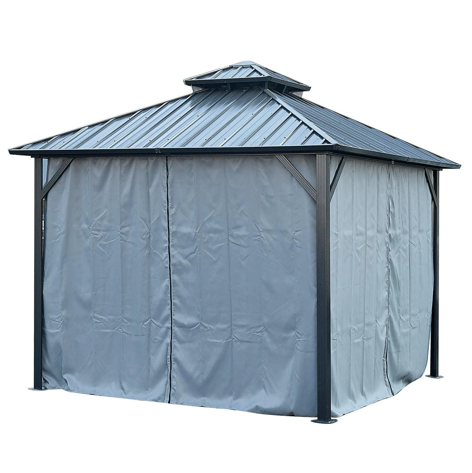 12x12ft Gazebo Double Roof Canopy with Netting and Curtains, Outdoor Gazebo 2-Tier Galvanized Iron Aluminum Frame