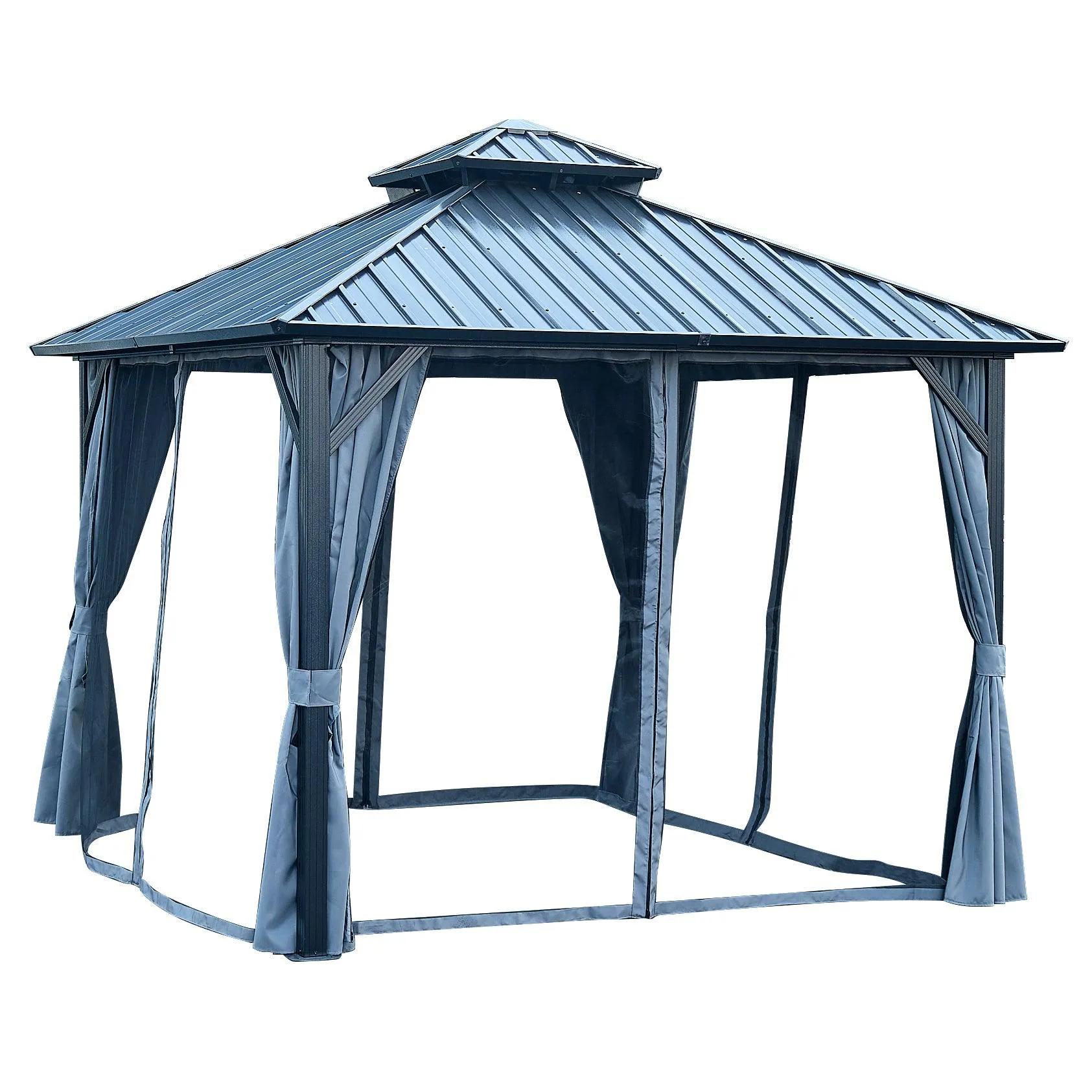 12x12ft Gazebo Double Roof Canopy with Netting and Curtains, Outdoor Gazebo 2-Tier Galvanized Iron Aluminum Frame