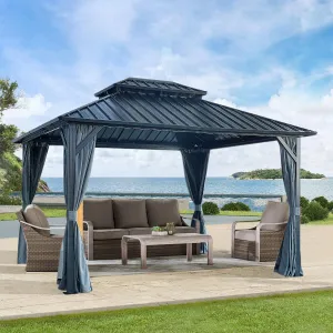 12x12ft Gazebo Double Roof Canopy with Netting and Curtains, Outdoor Gazebo 2-Tier Galvanized Iron Aluminum Frame