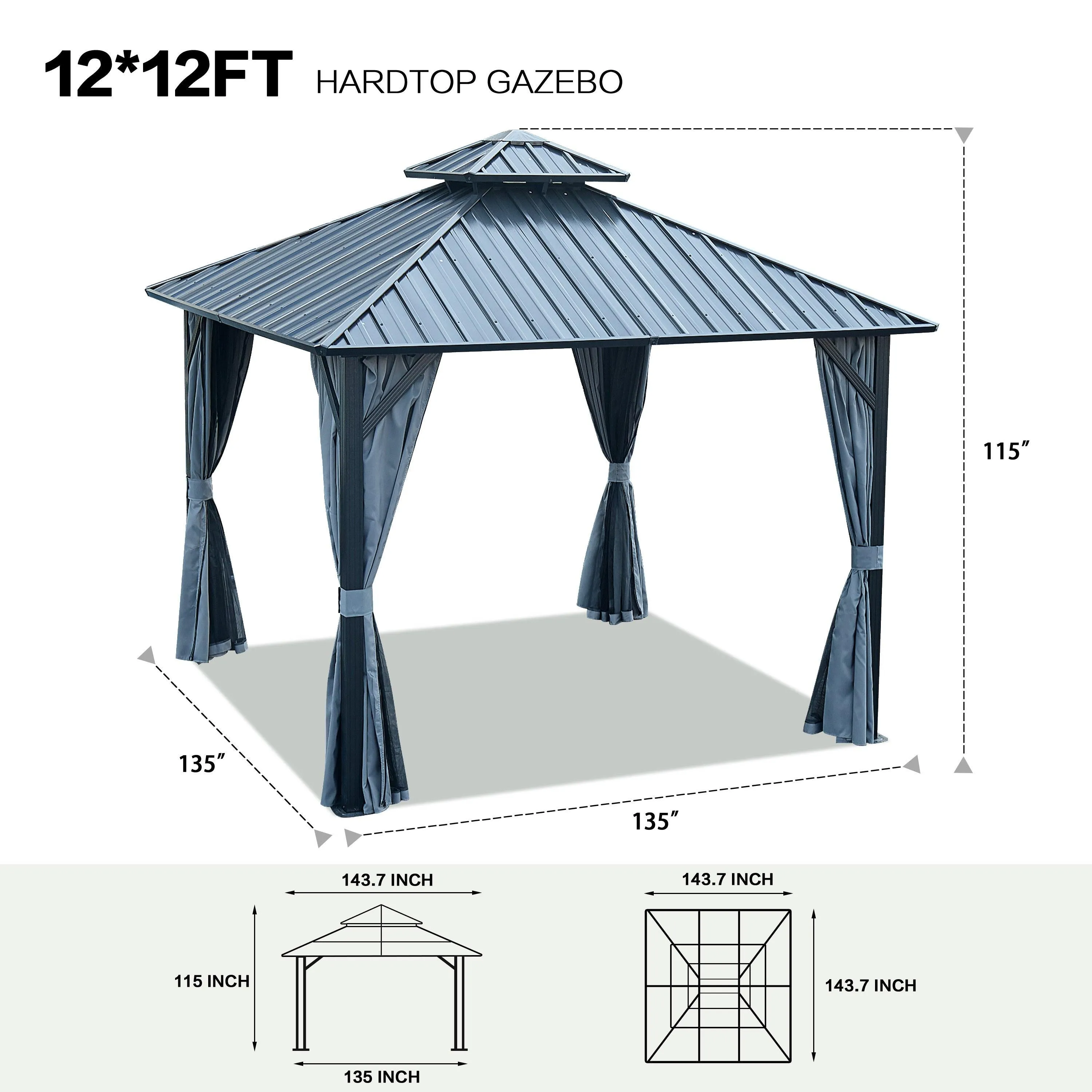 12x12ft Gazebo Double Roof Canopy with Netting and Curtains, Outdoor Gazebo 2-Tier Galvanized Iron Aluminum Frame