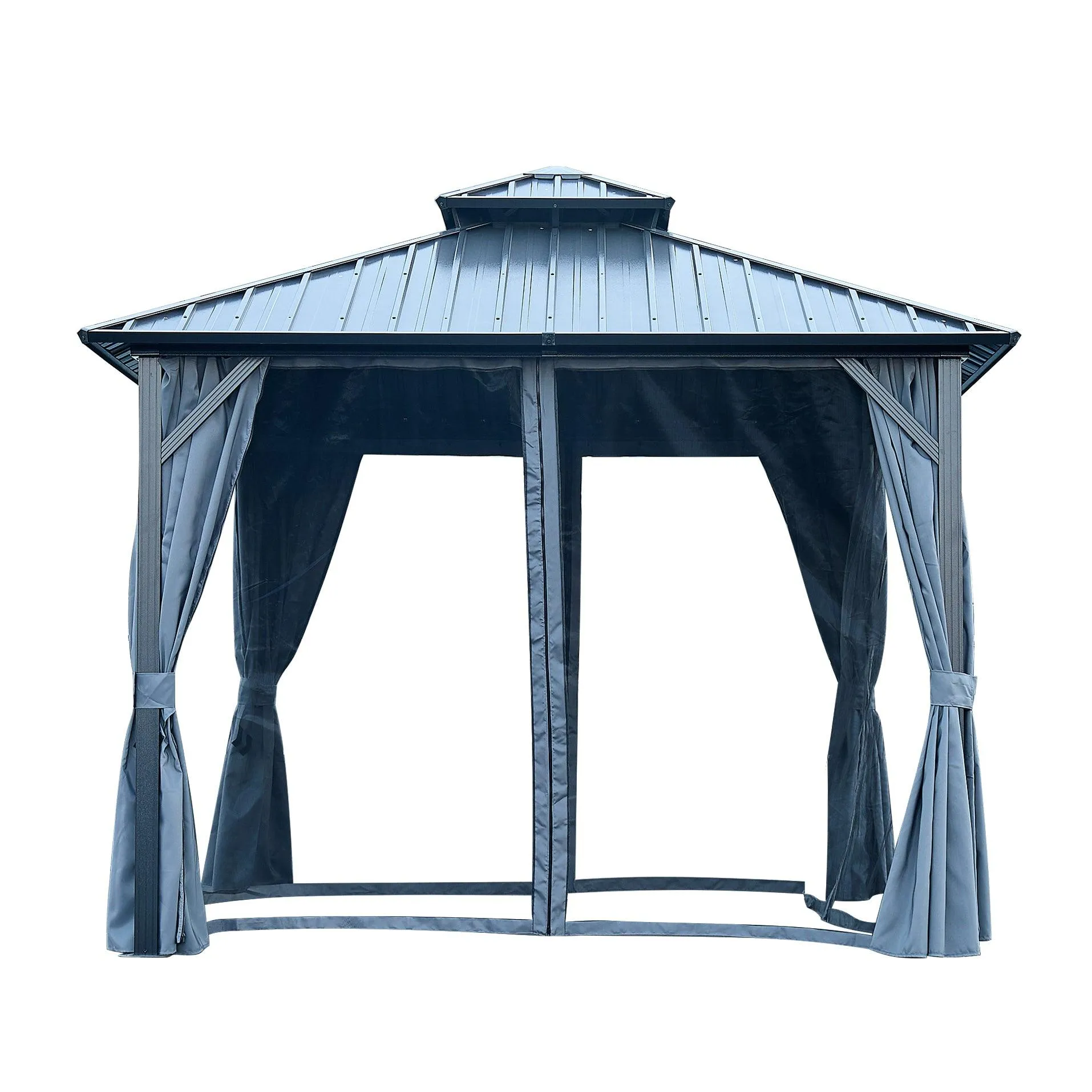 12x12ft Gazebo Double Roof Canopy with Netting and Curtains, Outdoor Gazebo 2-Tier Galvanized Iron Aluminum Frame