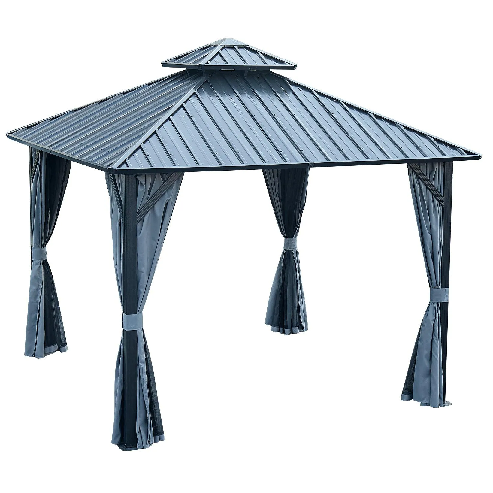 12x12ft Gazebo Double Roof Canopy with Netting and Curtains, Outdoor Gazebo 2-Tier Galvanized Iron Aluminum Frame