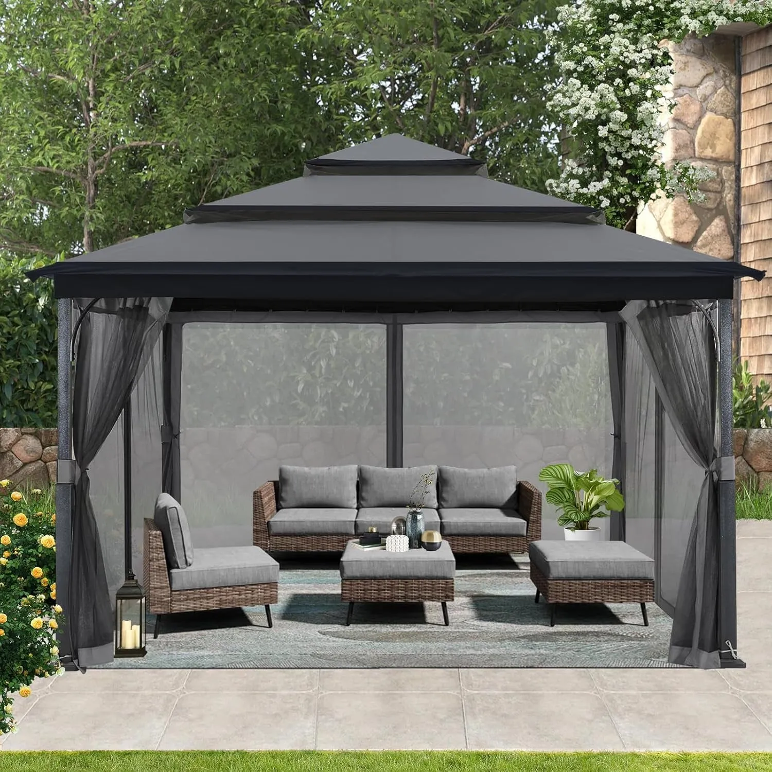 12X12Ft Outdoor Gazebo for Patios with 3-Tier Roof Canopy Gazebo with Mosquito Netting,Dark Gray