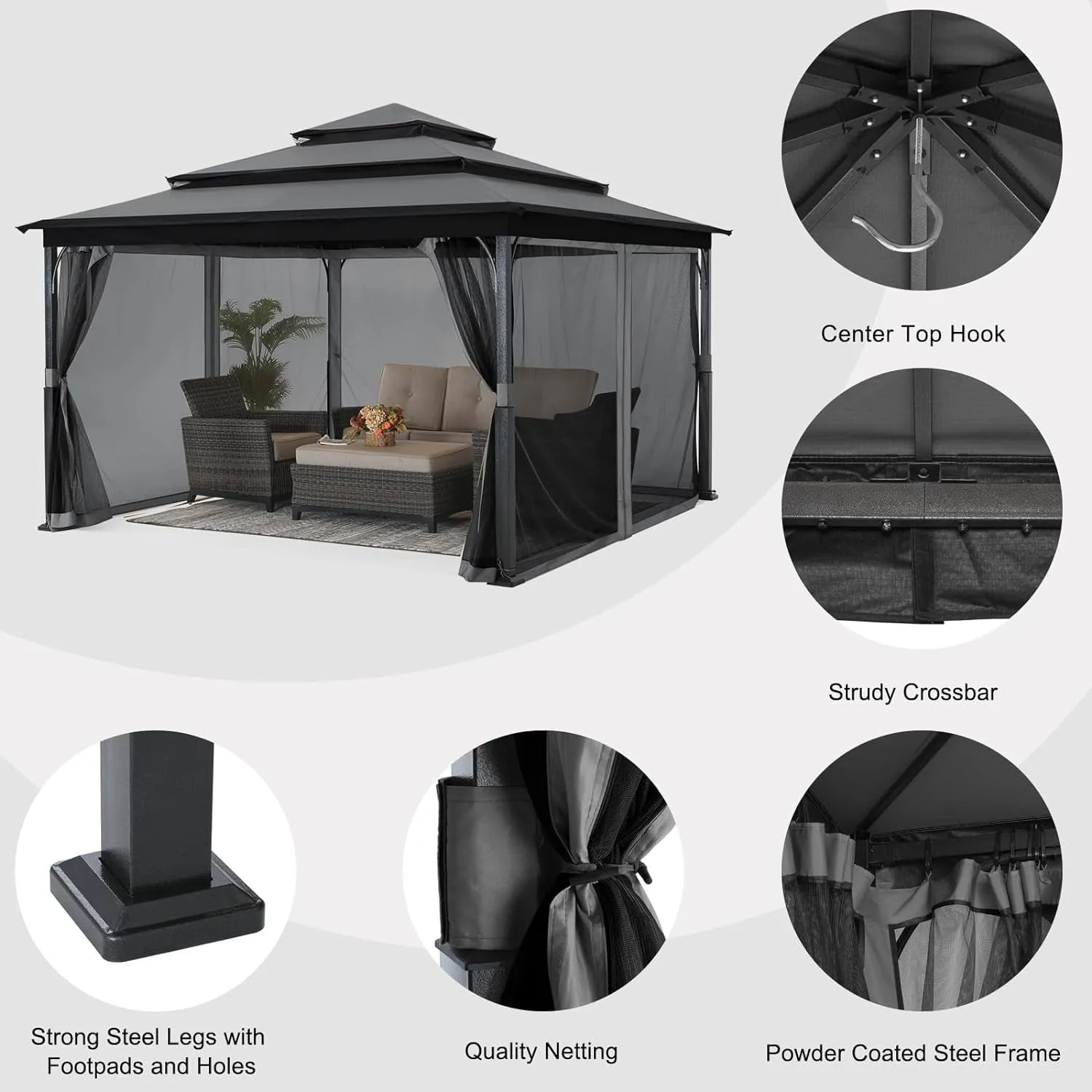 12X12Ft Outdoor Gazebo for Patios with 3-Tier Roof Canopy Gazebo with Mosquito Netting,Dark Gray