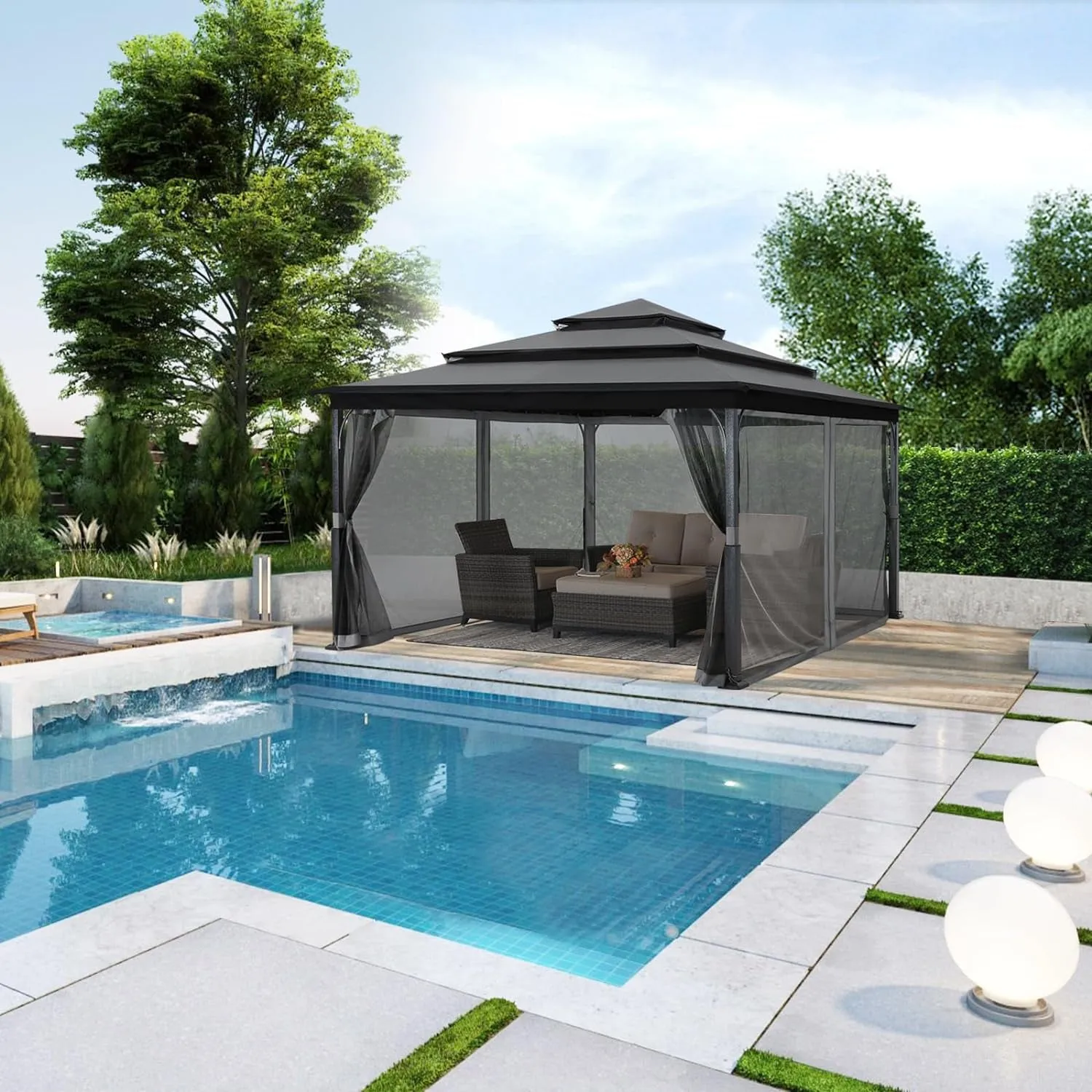 12X12Ft Outdoor Gazebo for Patios with 3-Tier Roof Canopy Gazebo with Mosquito Netting,Dark Gray