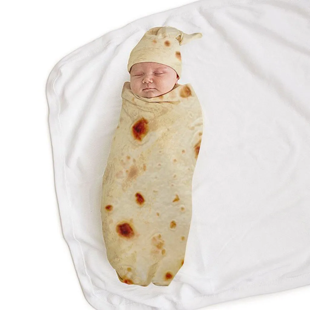 Baby Novelty Flour Burrito Tortilla  Envelope Sleeping Swaddle Wrap Hat Set