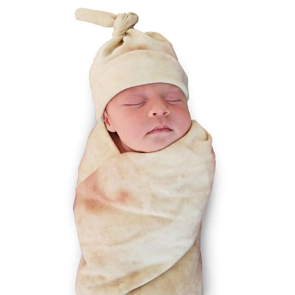 Baby Novelty Flour Burrito Tortilla  Envelope Sleeping Swaddle Wrap Hat Set