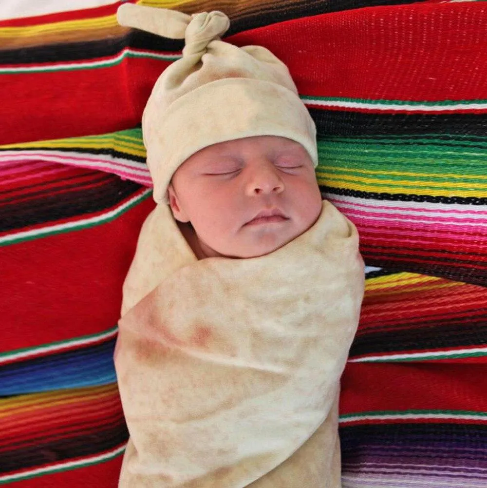 Baby Novelty Flour Burrito Tortilla  Envelope Sleeping Swaddle Wrap Hat Set