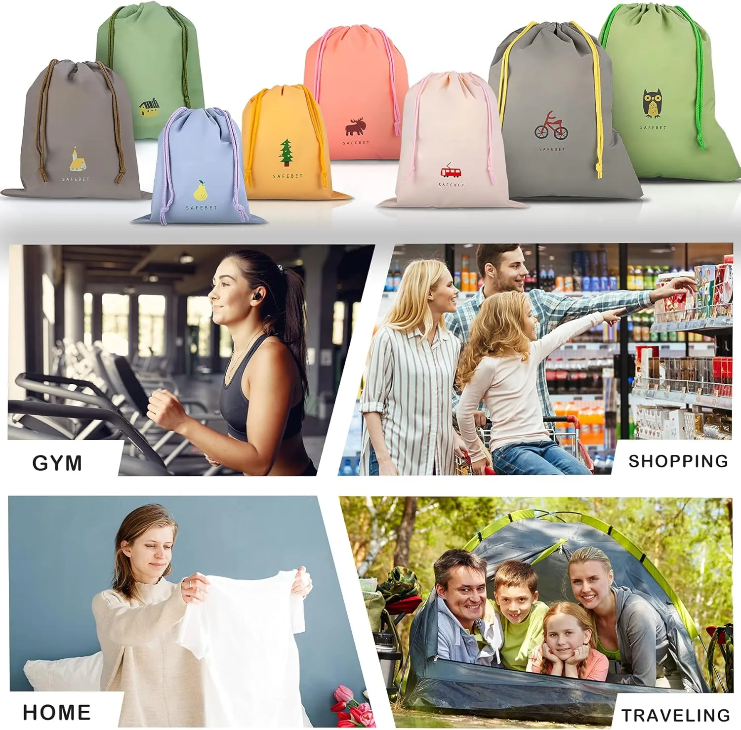 Coolzon 8 PCS Sac  Cordon Impermable, PE Sacs de Rangement tanche Sacs Piscine Voyage Gym Sport Enfant Portable Sac Linge Organiseurs Pochette pour Vtements Chaussures 8 Modles 3 Tailles