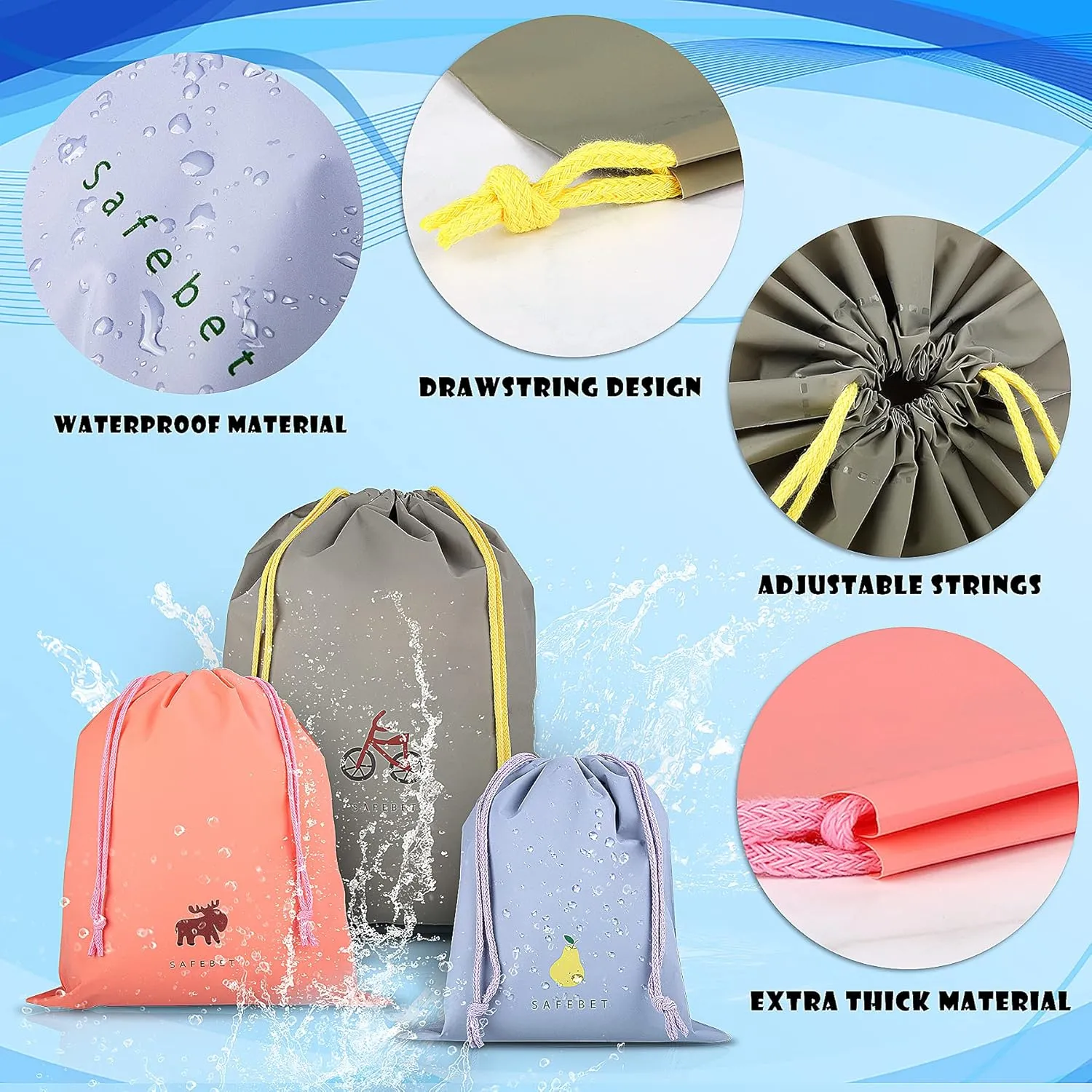 Coolzon 8 PCS Sac  Cordon Impermable, PE Sacs de Rangement tanche Sacs Piscine Voyage Gym Sport Enfant Portable Sac Linge Organiseurs Pochette pour Vtements Chaussures 8 Modles 3 Tailles