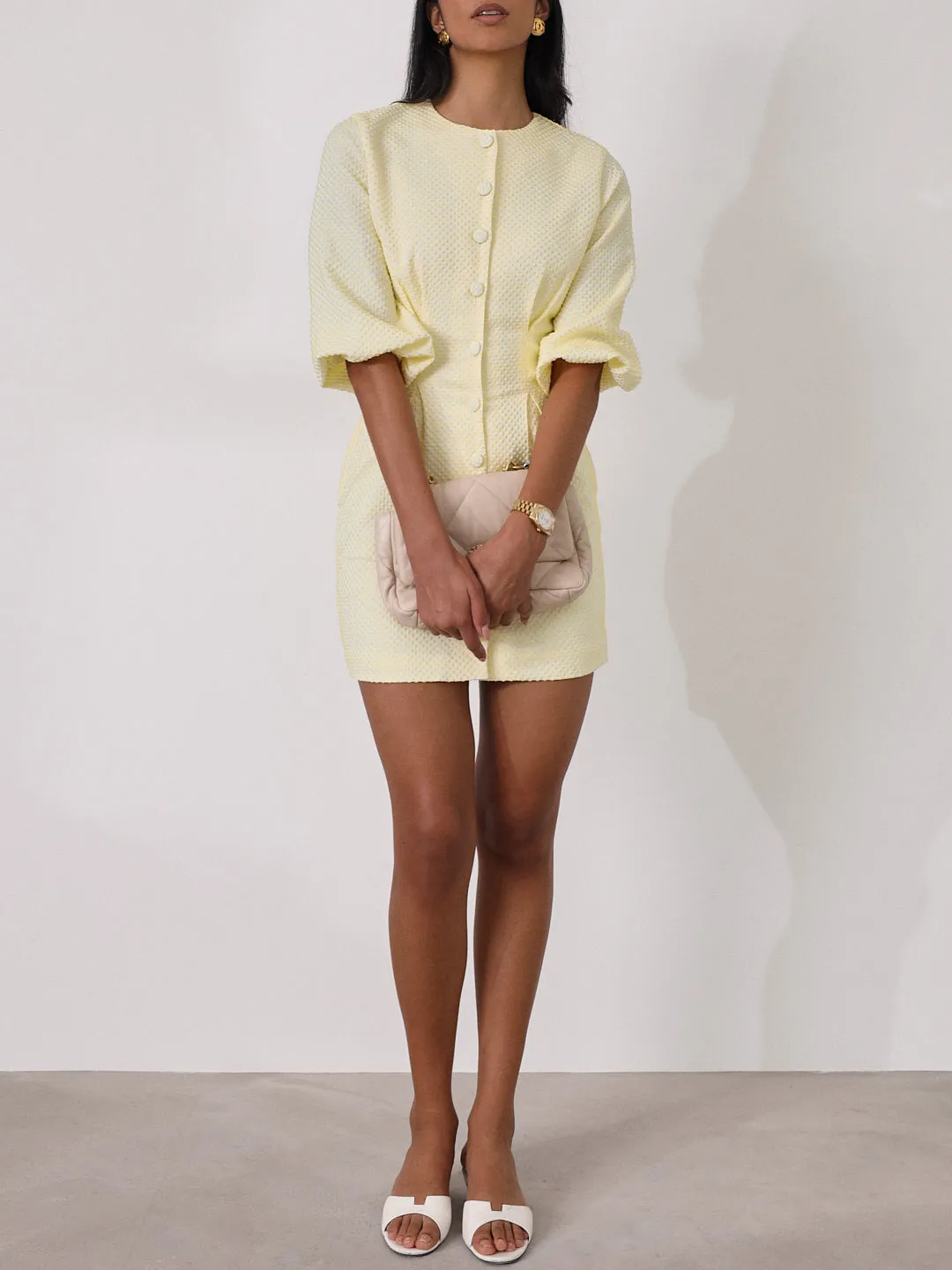 Gayle Jacquard Spot Pinch Pleat Dress | Lemon Spot
