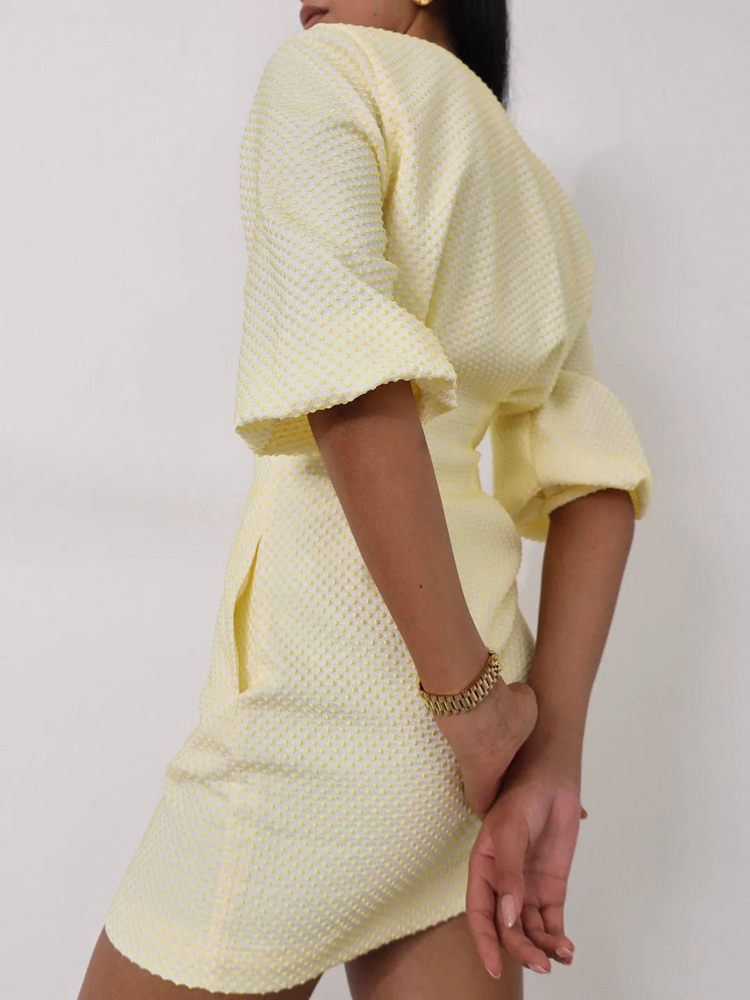 Gayle Jacquard Spot Pinch Pleat Dress | Lemon Spot
