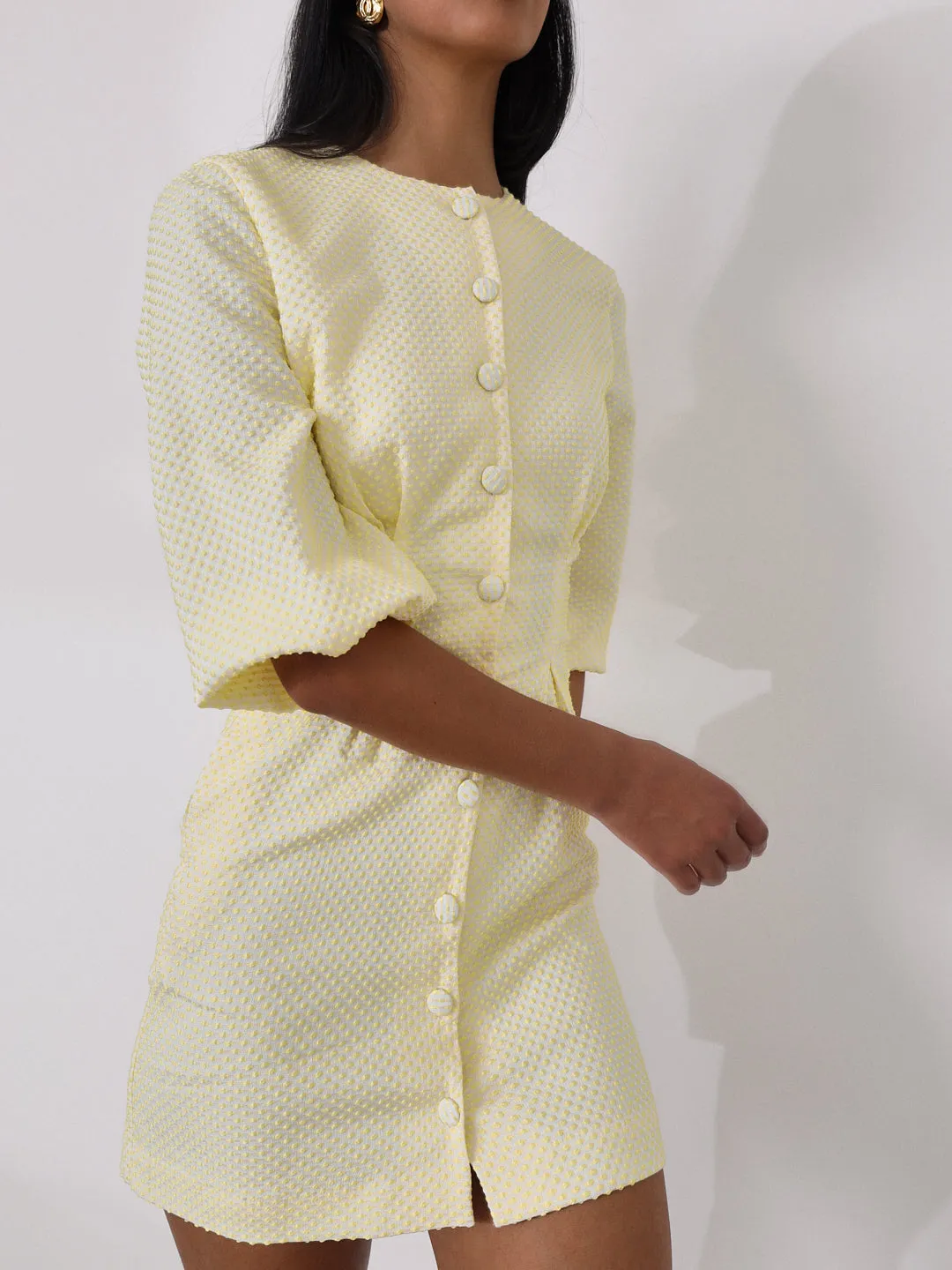 Gayle Jacquard Spot Pinch Pleat Dress | Lemon Spot