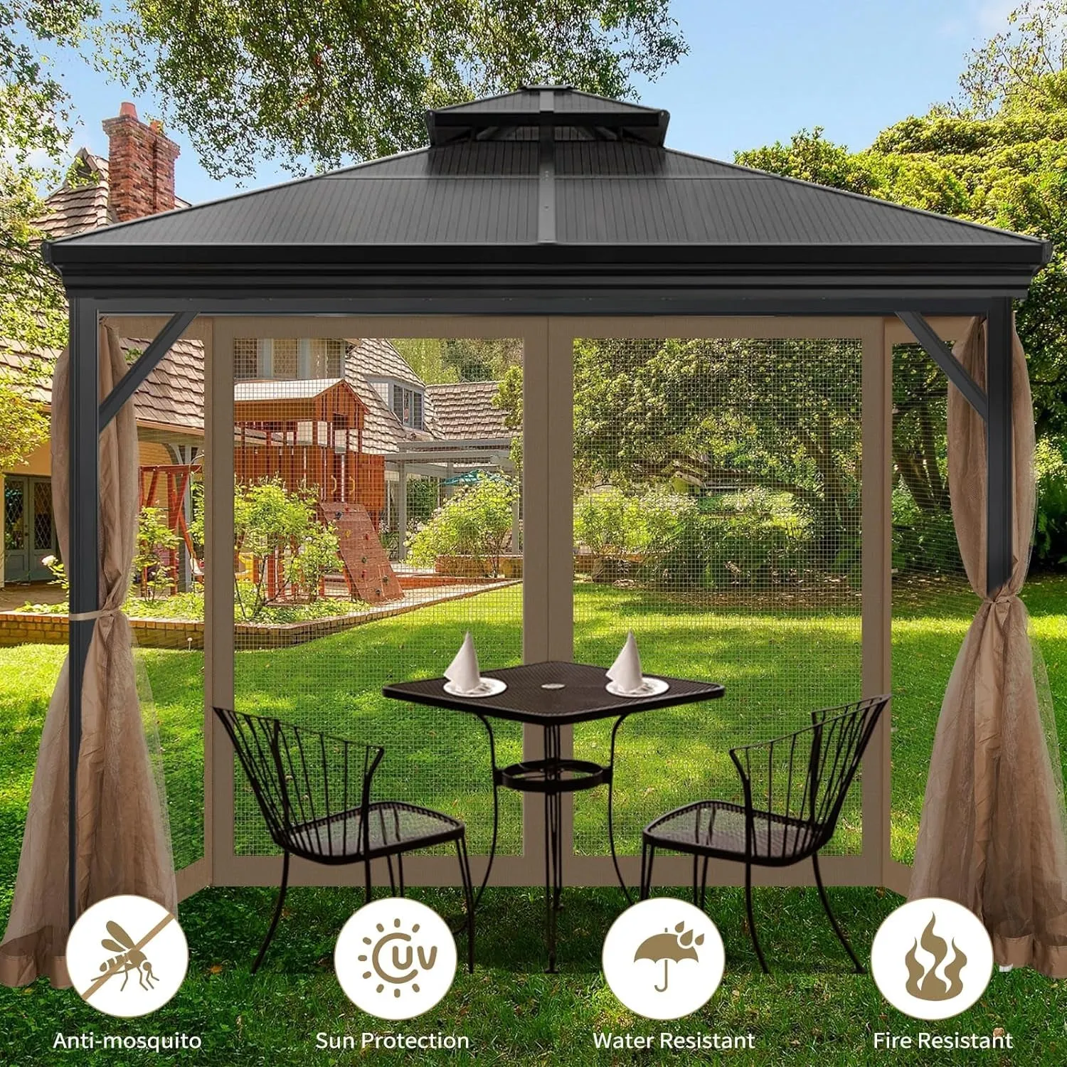 Gazebo Universal Replacement Mosquito Netting, 10' X 12' Outdoor Mesh Netting Screen 4-Panel Sidewall with Zipper for Patio Canopy Garden Porch Pergolas and Backyard, Khaki(Mosquito Net Only)