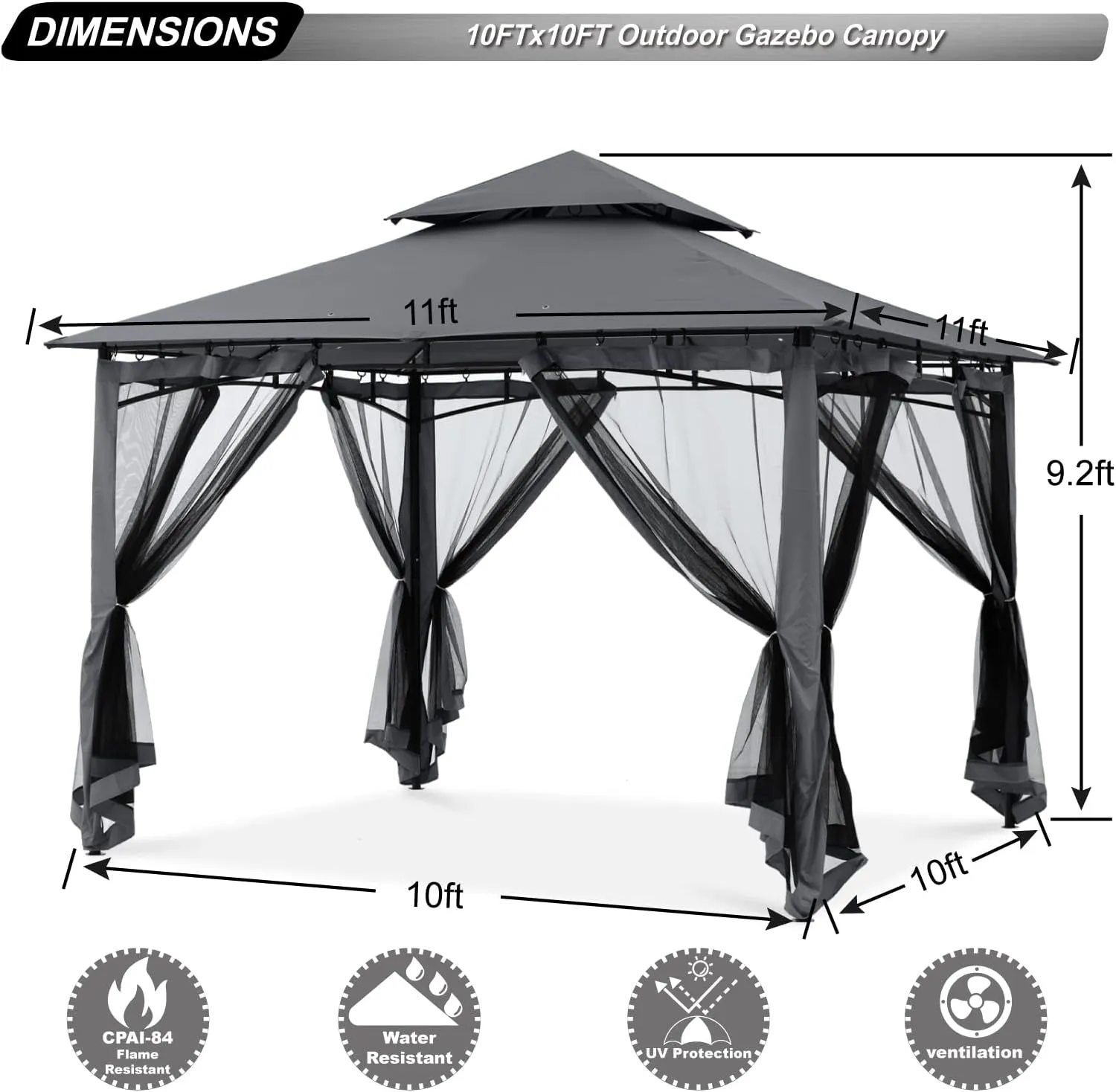 Gazebos for Patios 10X10 - Outdoor Steel Frame Gazebo with Mosquito Netting for Lawn Backyard Garden Deck (Dark Gray)