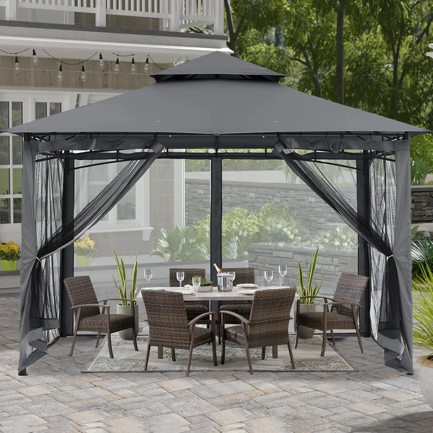 Gazebos for Patios 10X10 - Outdoor Steel Frame Gazebo with Mosquito Netting for Lawn Backyard Garden Deck (Dark Gray)