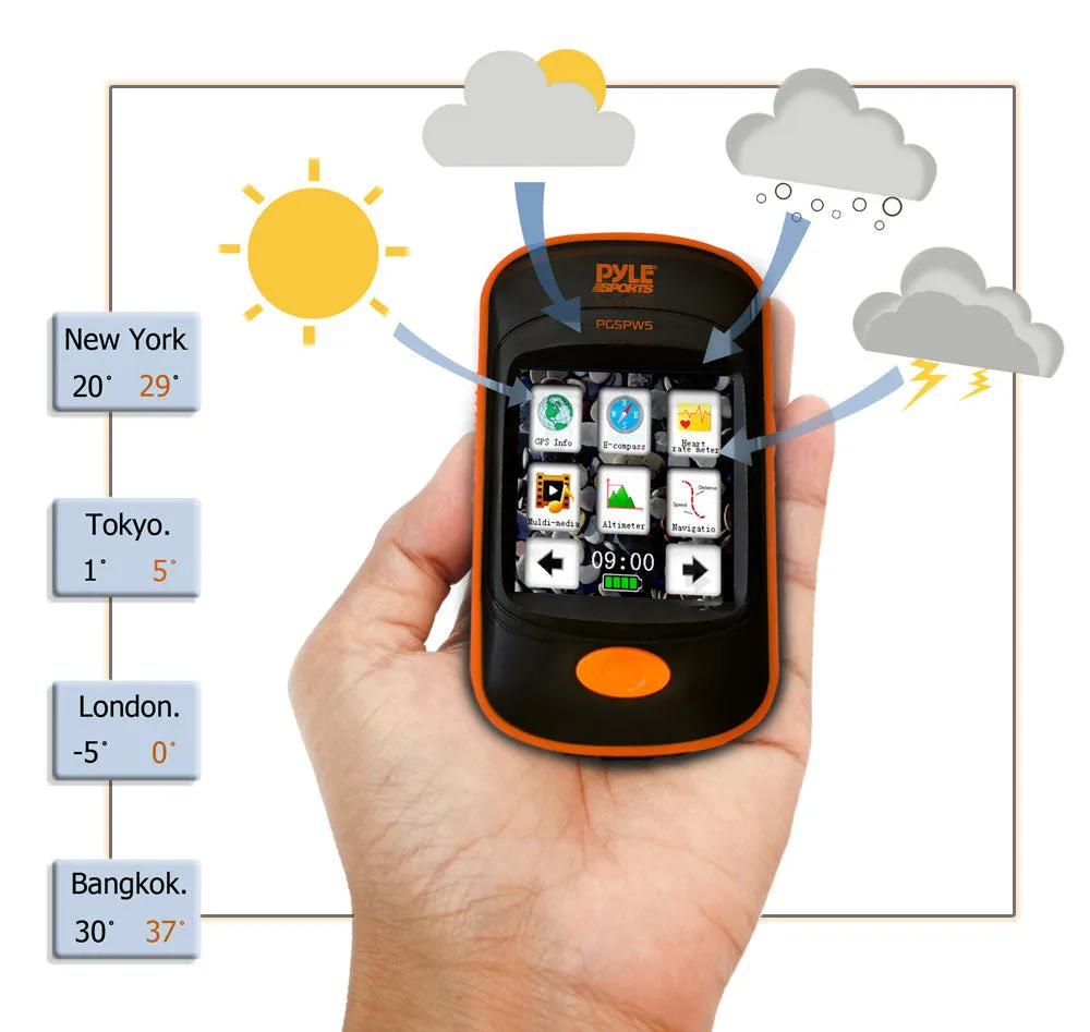 Gps Navigation Sporting Unit With Built-In Mp3 Player, Pedometer, Speedometer, Altimeter, Barometer, Compass, Weather Forecasting, Lcd Touchscreen Display  Flash Memory