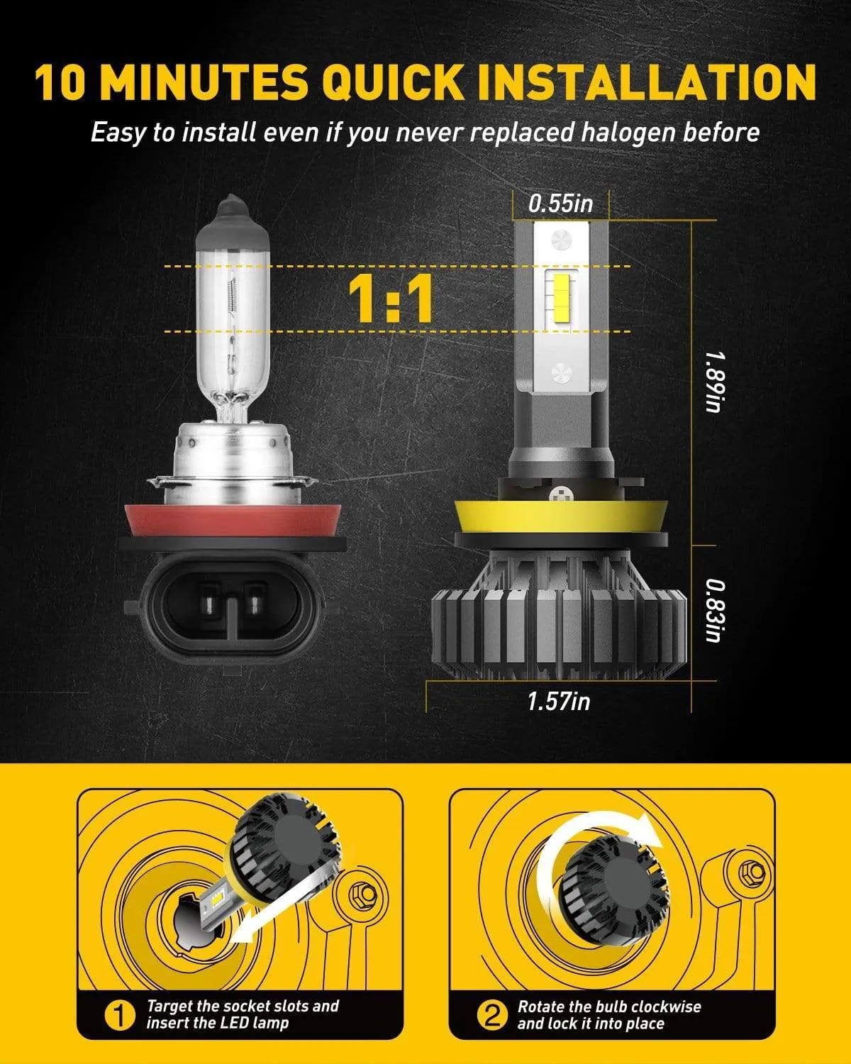 H11 H8 H9 Led Bulb Fanless Plug and Play for High Low Beam/Fog light Bulb, 6500K White Pack of 2