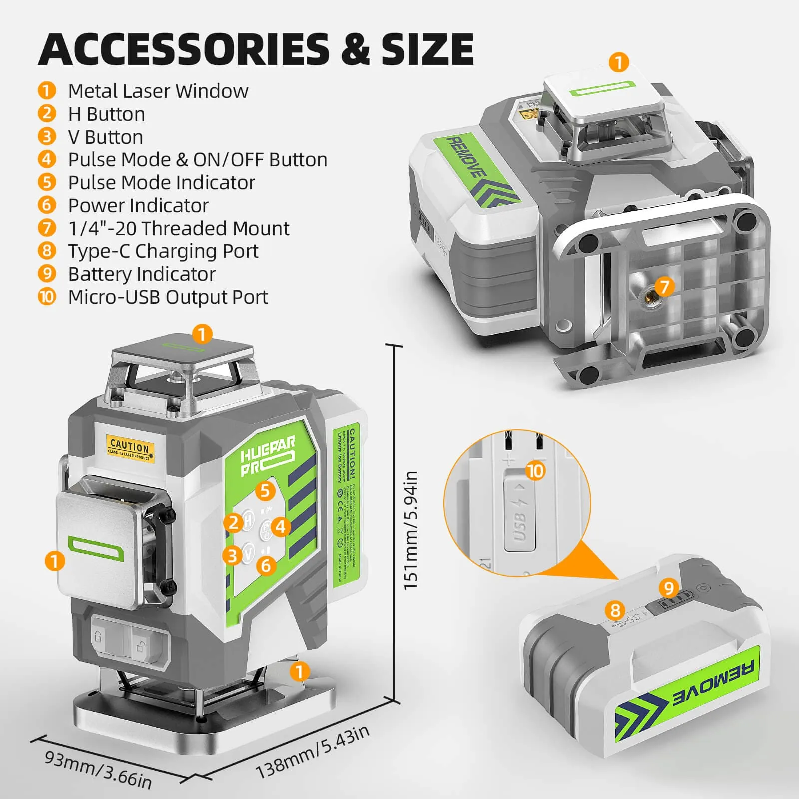 Huepar Pro ZK04CG High-Precision Green Laser Level Tool
