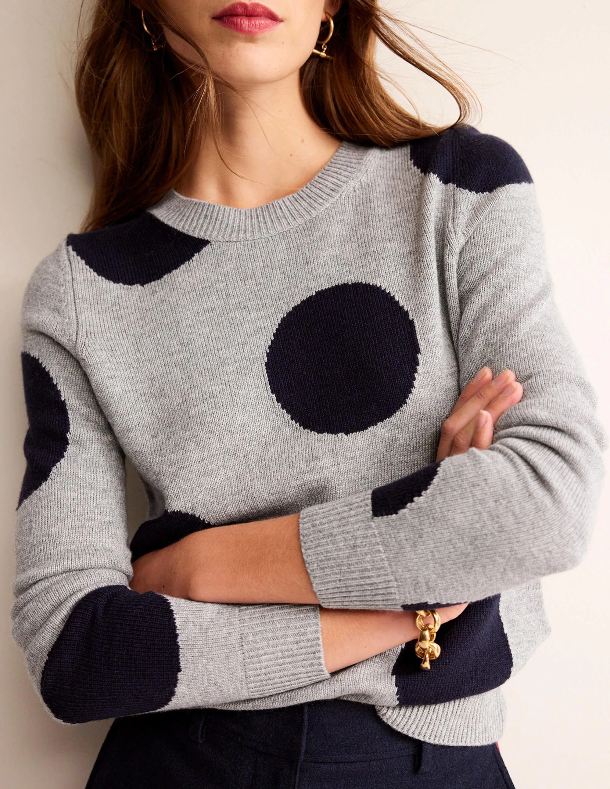 Intarsia Spot Jumper-Grey Melange, Navy Spot
