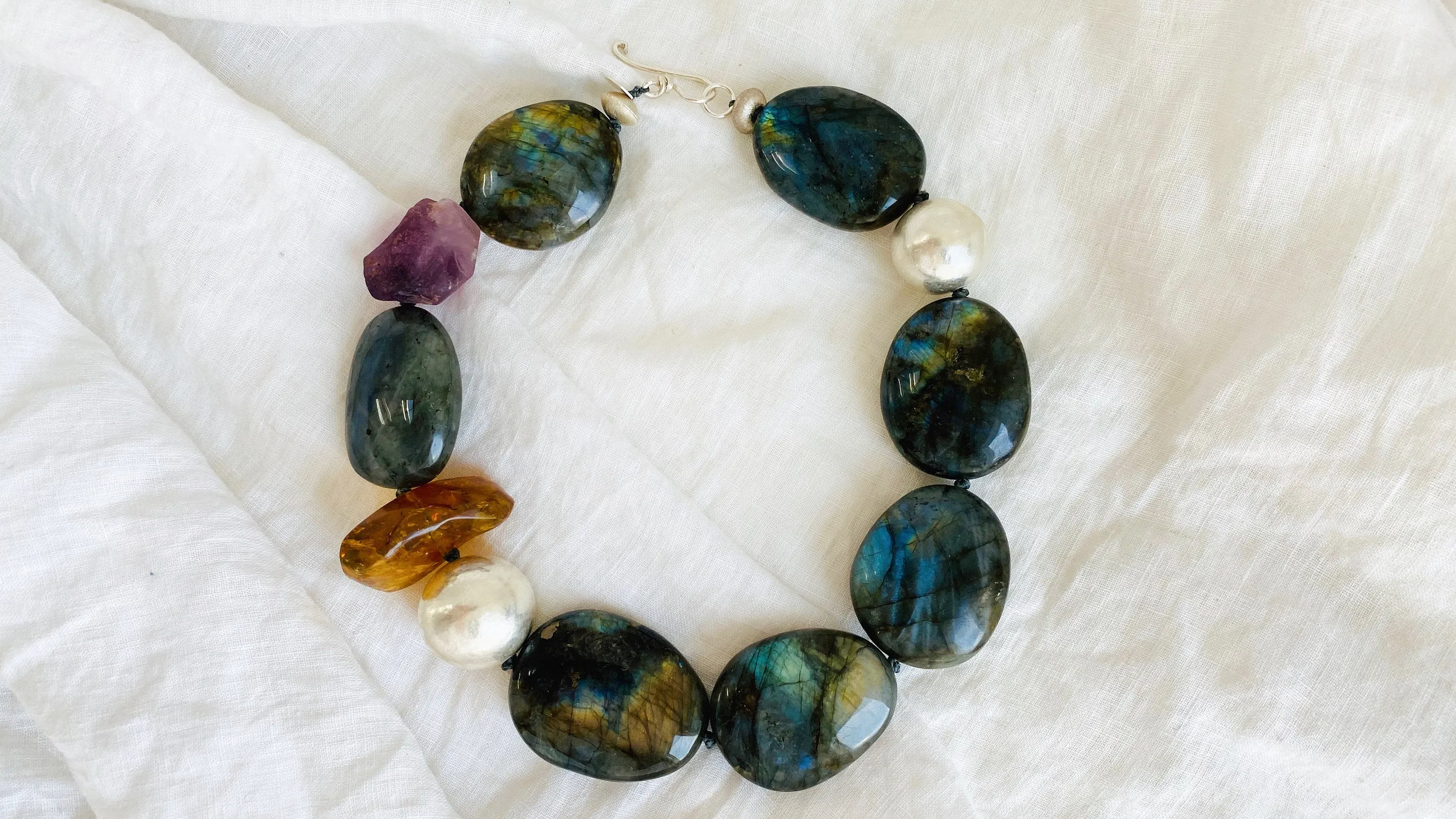 Labradorite, Amber & Flourite Necklace. Sterling Silver.